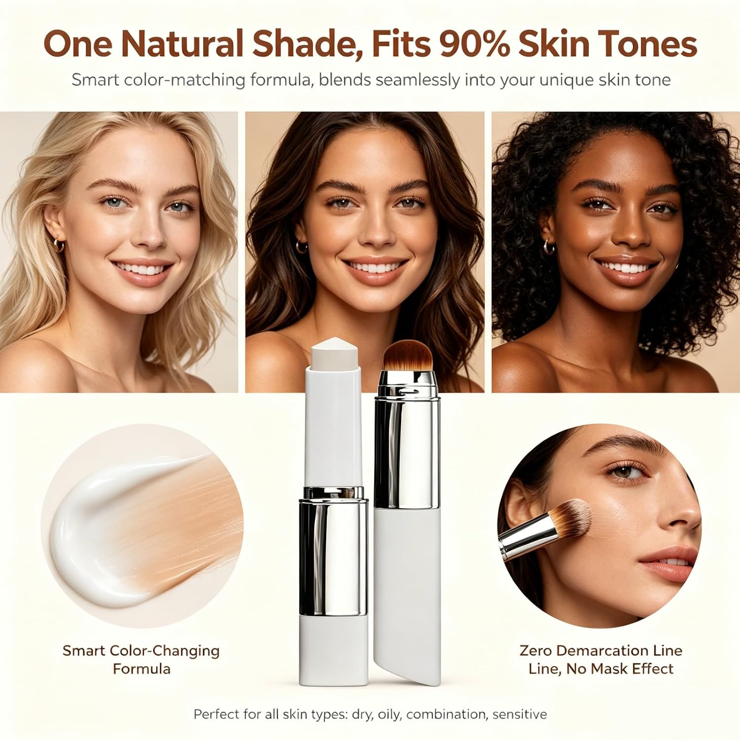 Korean Color Changing Foundation Stick, Natural Color 2 in 1 Foundation Stick with Brush, Moisturizing Long-Lasting Hydration for All Skin Types (2PCS)