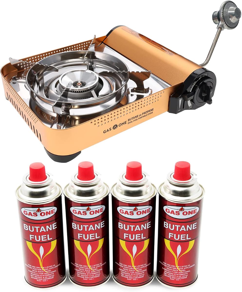Gas ONE GS-4000P - Premium Dual Fuel Camp Stove with 4 Butane Fuel Cartridge Bundles