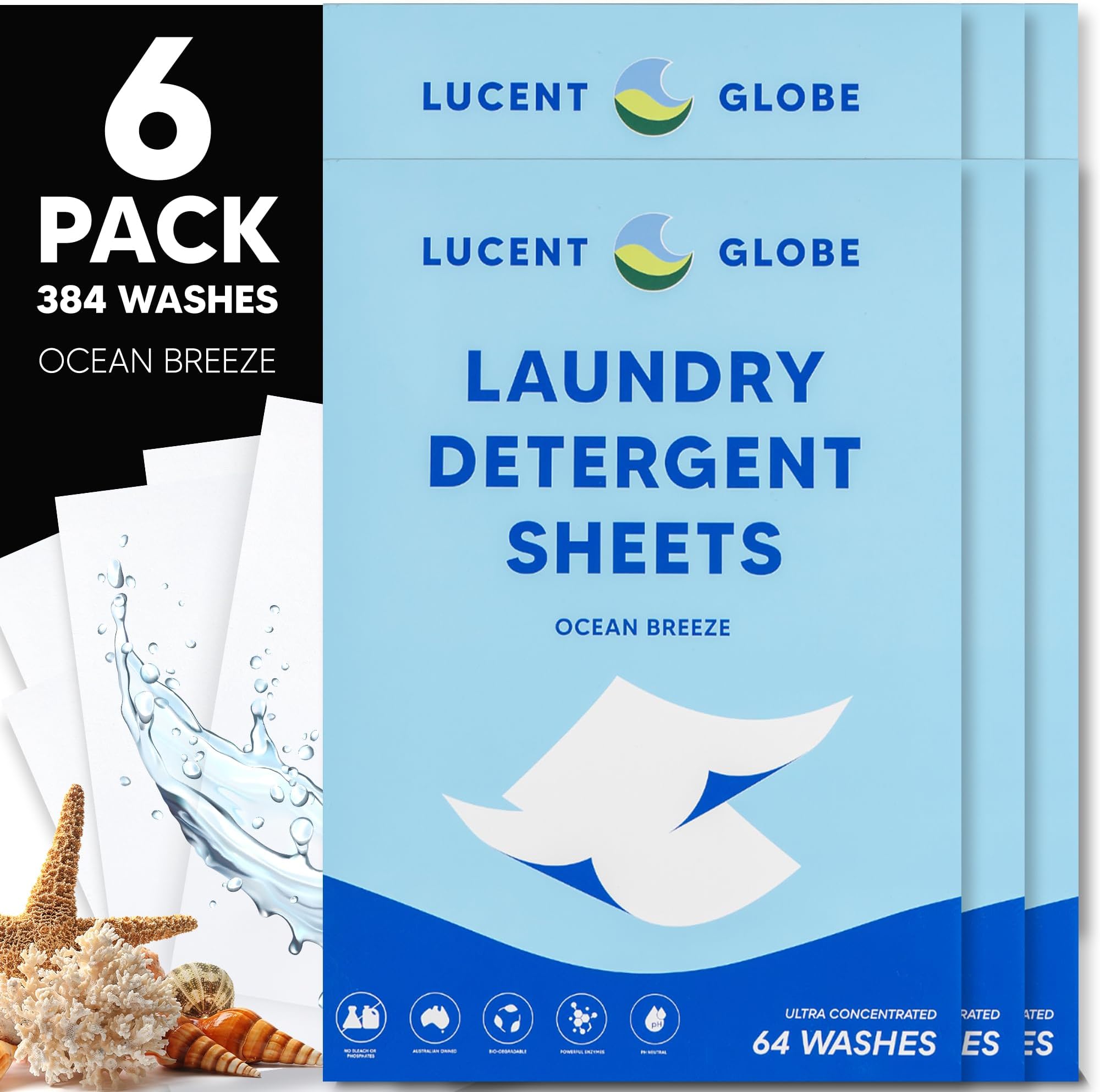 Laundry Detergent Sheets (6-Pack) - Pre-Measured Laundry Sheets - Powerful Stain Removal - Gentle on Skin & Fabrics - Works in All Washers - Convenient and Travel Friendly (Ocean Breeze)