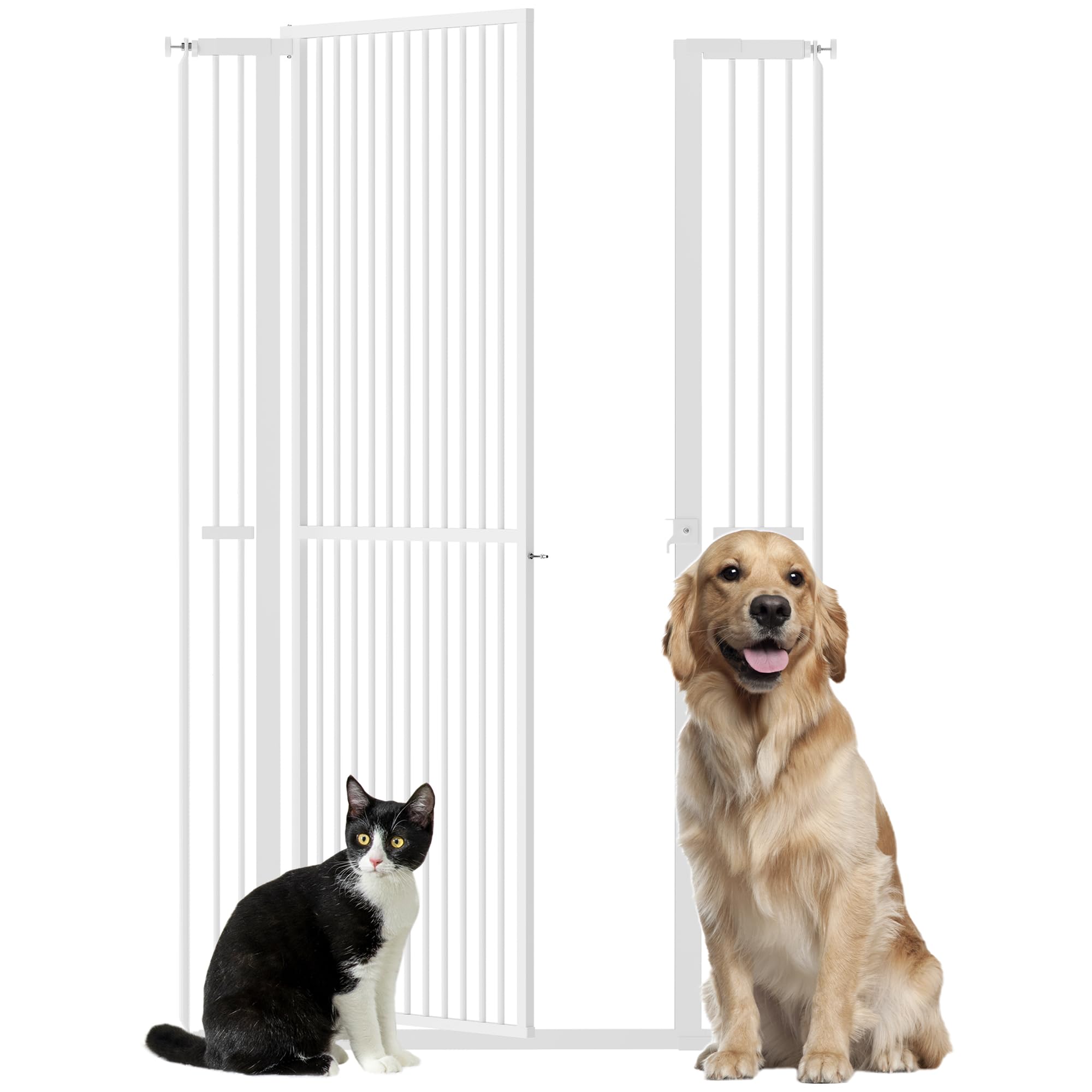 PawHut Barrera de Seguridad para Perros y Gatos Extra Alta 150 cm, Barrera para Perros Extensible 77-104 cm para Puertas y Escaleras, con Montaje a Presión, 2 Extensiones y Puerta de Paso, Blanco