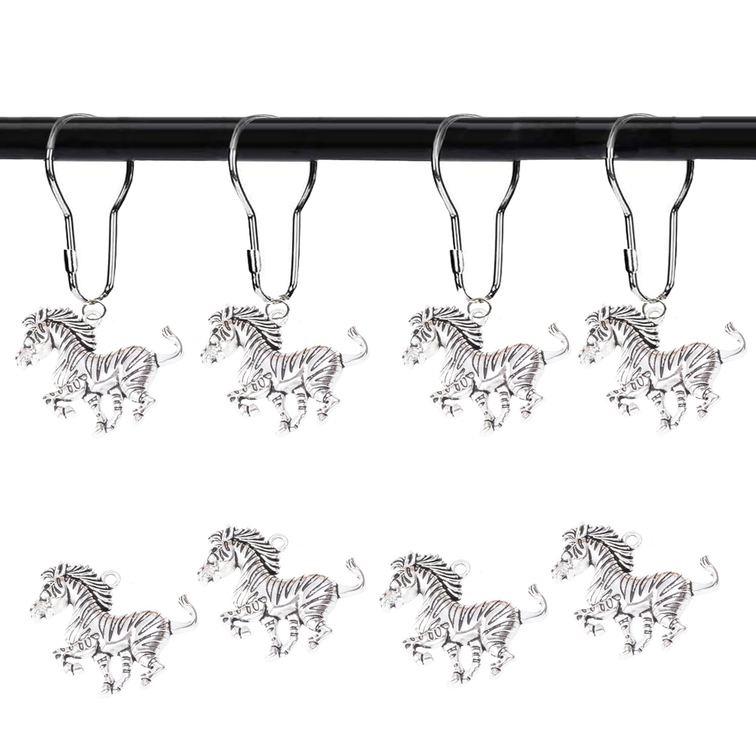 YRMLYMOP Wildlife Shower Curtain,12 Pcs Zebra Shower Curtain Hooks Zebra Print Curtain Hooks Decorative Home Bathroom Stainless Steel Rustproof Shower Curtain Rings Decor Accessories (Silver)