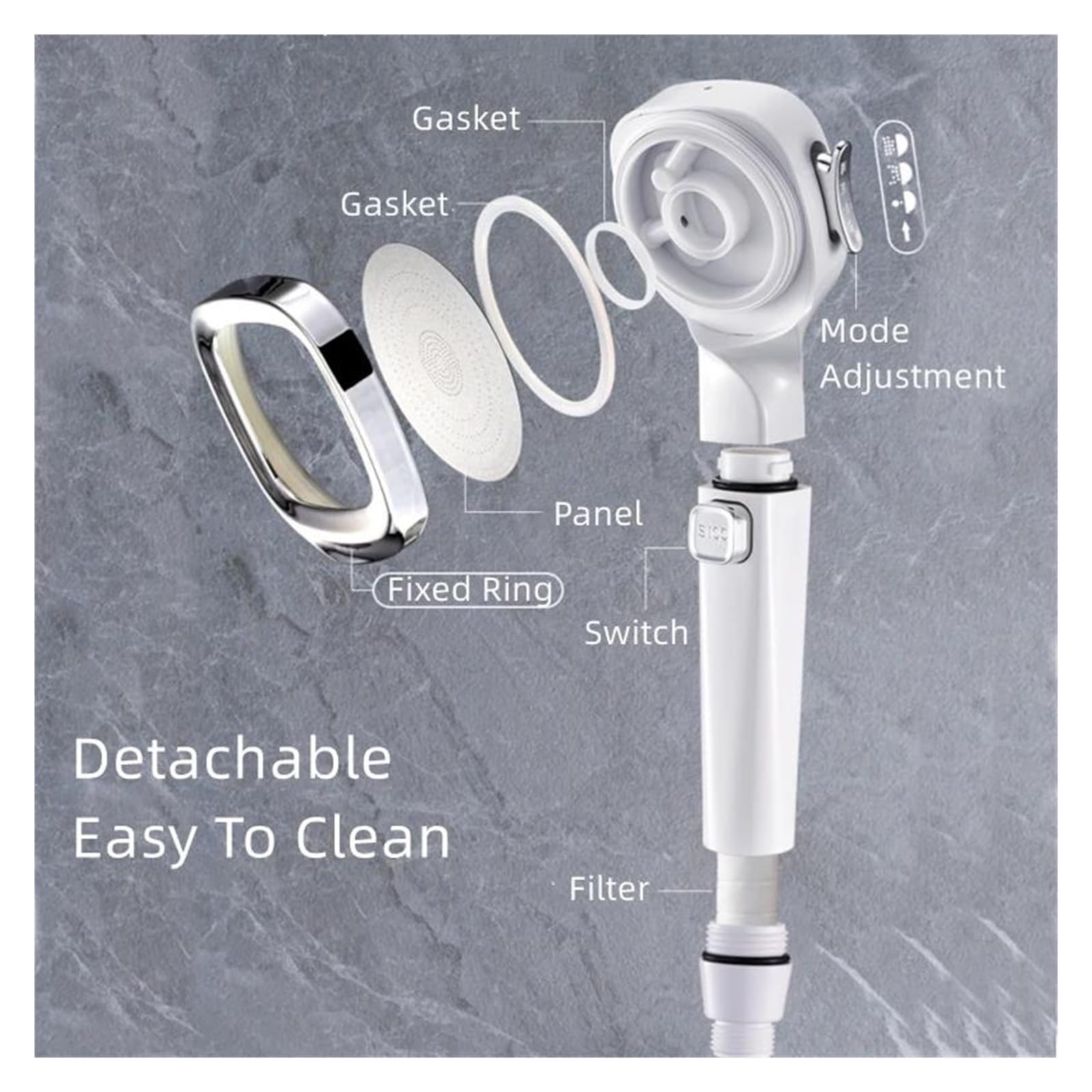 Soffione doccia ad alta pressione con 4 modalità, pulsante di accensione/spegnimento, ugello doccia regolabile, filtro per risparmio idrico(Sliver with 5 filter)