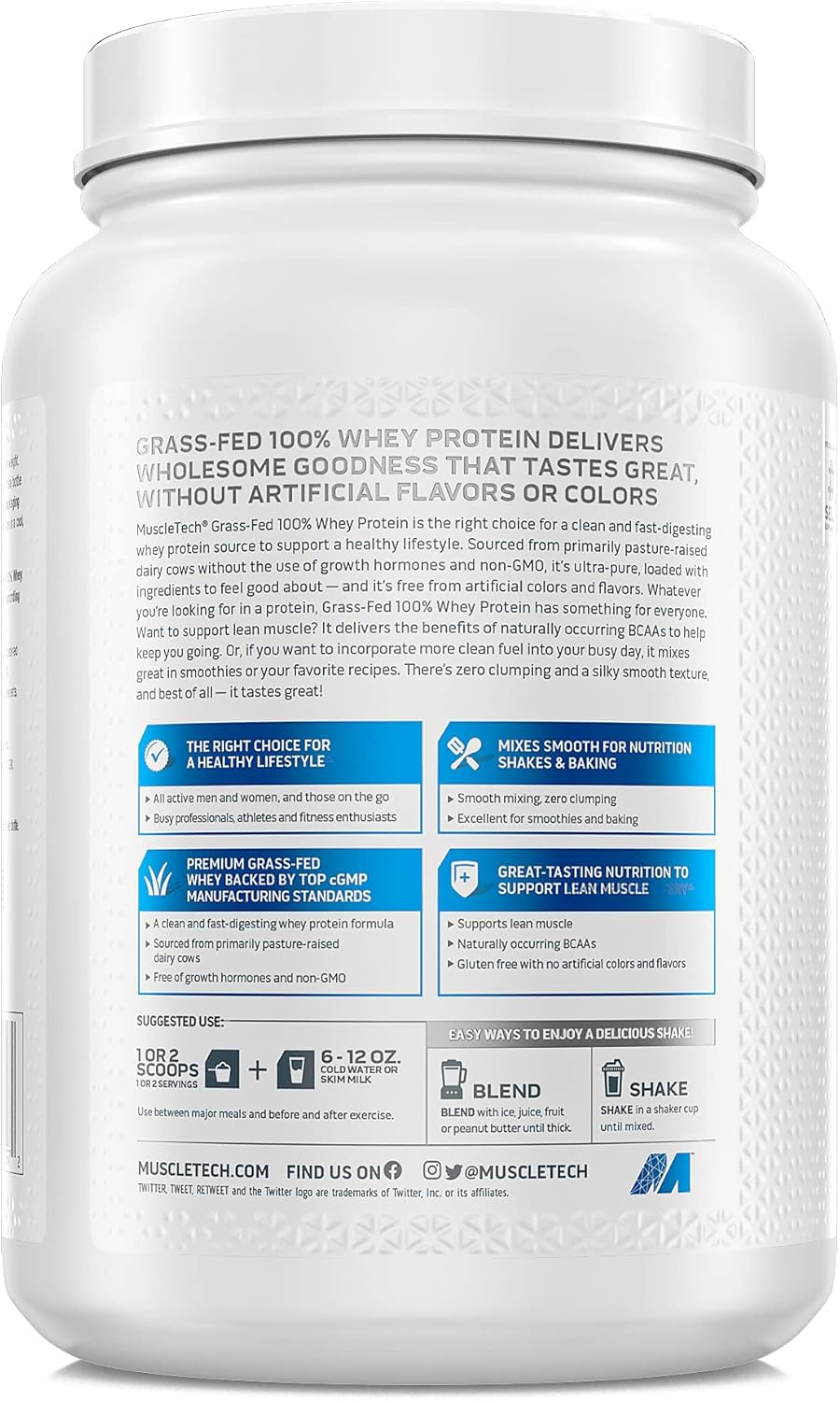 Grass Fed Whey Protein | MuscleTech Grass Fed Whey Protein Powder | Protein Powder for Muscle Gain | Growth Hormone Free, Non-GMO, Gluten Free | 20g Protein + 4.3g BCAA | Deluxe Vanilla, 1.8 lbs : Everything Else