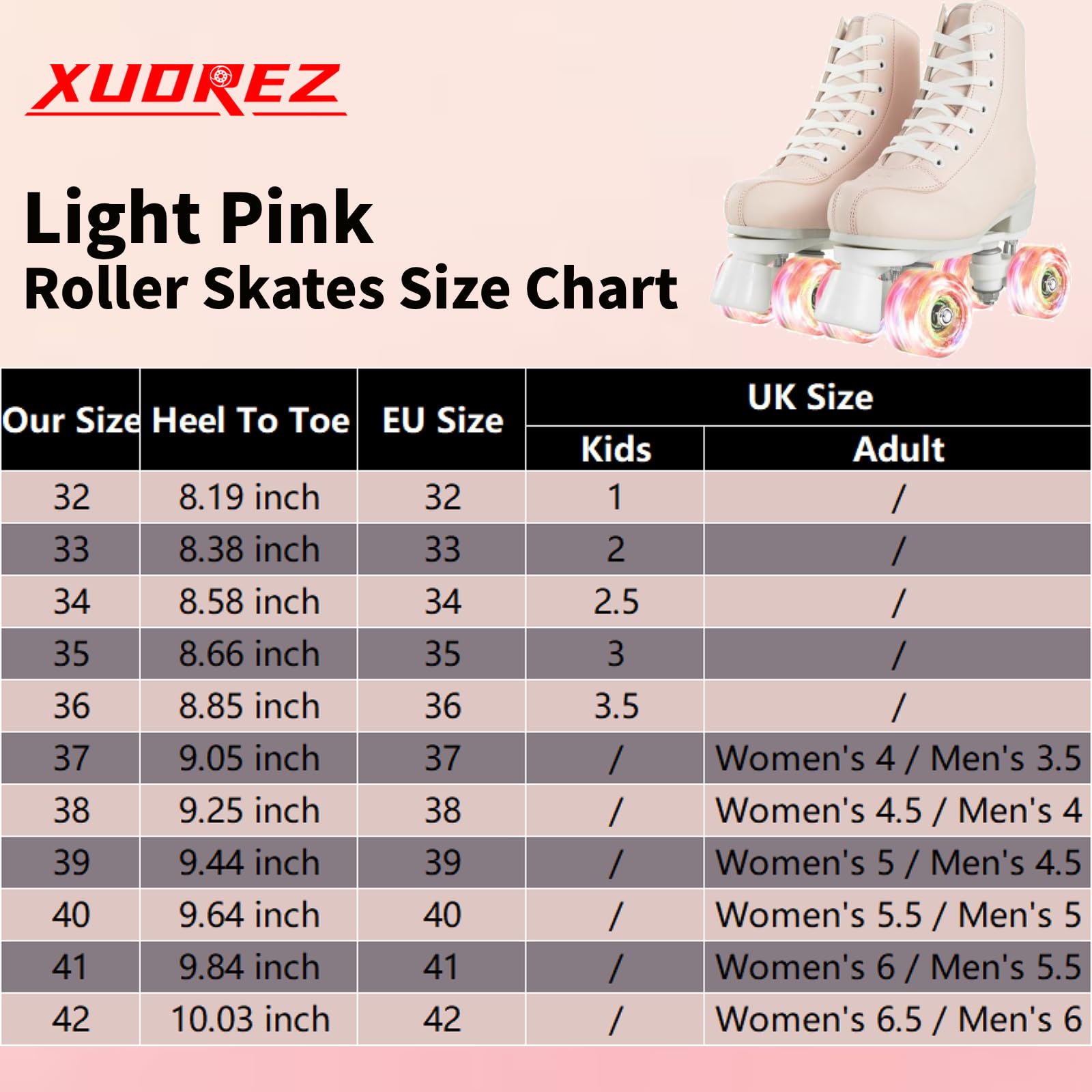 XUDREZ Patins à roulettes pour femmes et filles - Patins à roulettes lumineux à double rangée - Rose - Pour jeunes adultes, débutants, intérieurs et extérieurs