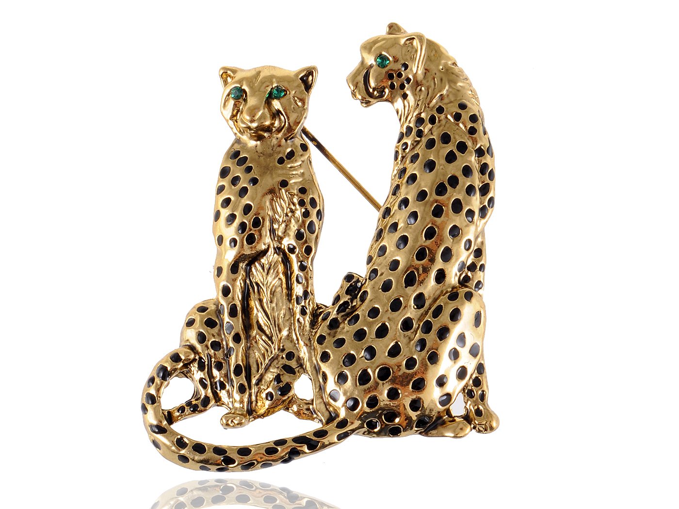 Green Eyed Crystal Rhinestone Golden Tone Twin Family Leopard Custom Pin Brooch-image-11