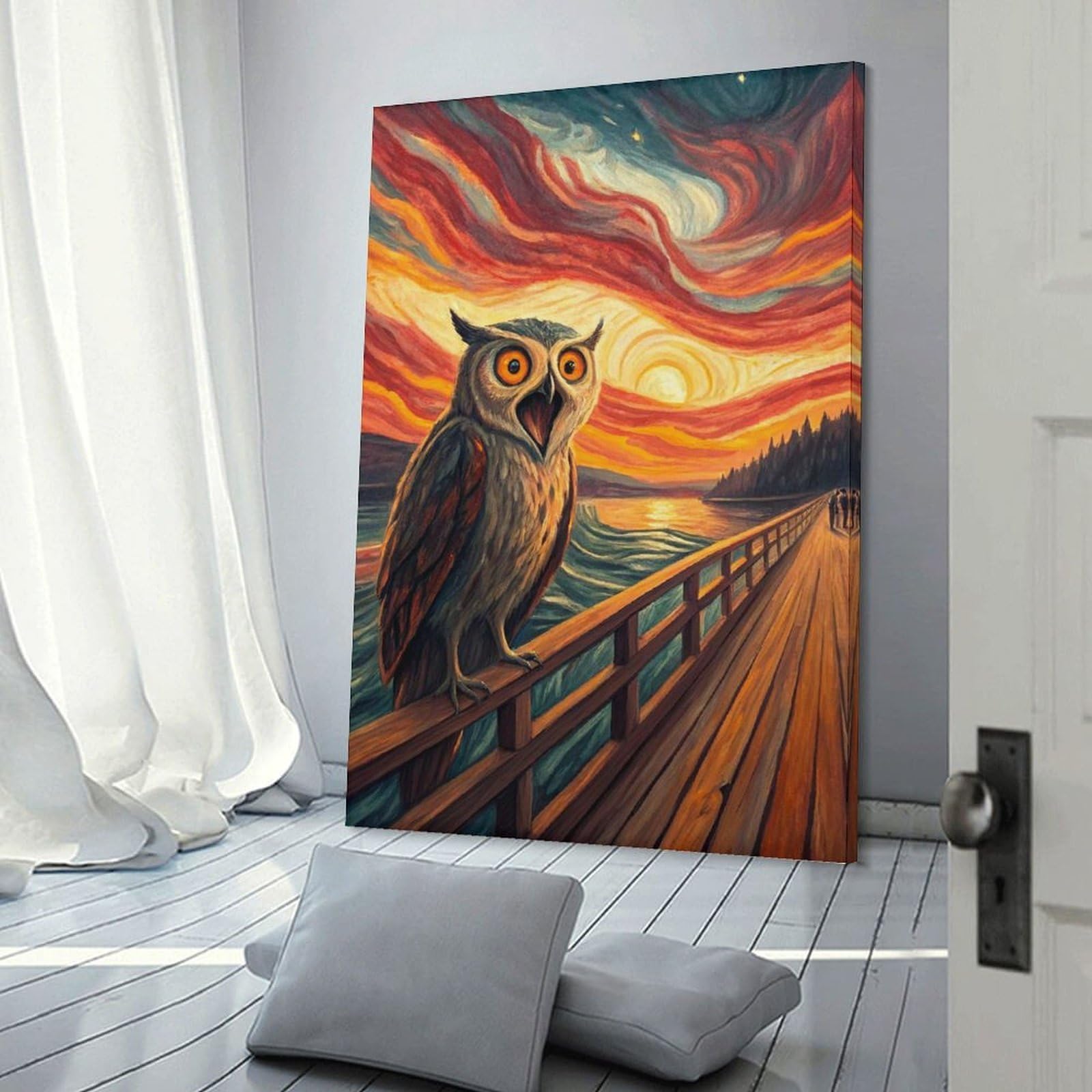 Junmoney Room Decor Wall Art Screaming Owl on A Pier at Sunset, 20x30inch(50x75cm), for Hallway, Bedroom Or Modern Interiors, Gift Idea for Housewarming And Birthdays