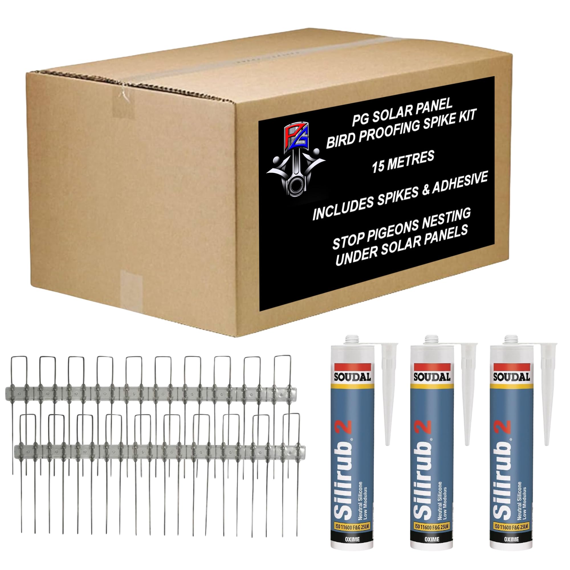 PG 15m Solar Panel Bird Proofing Kit Stainless Steel Clear Bird Spikes 210mm with Silirub 2 Sealant - to Control & Prevent Pigeons Nesting (15 Metres)
