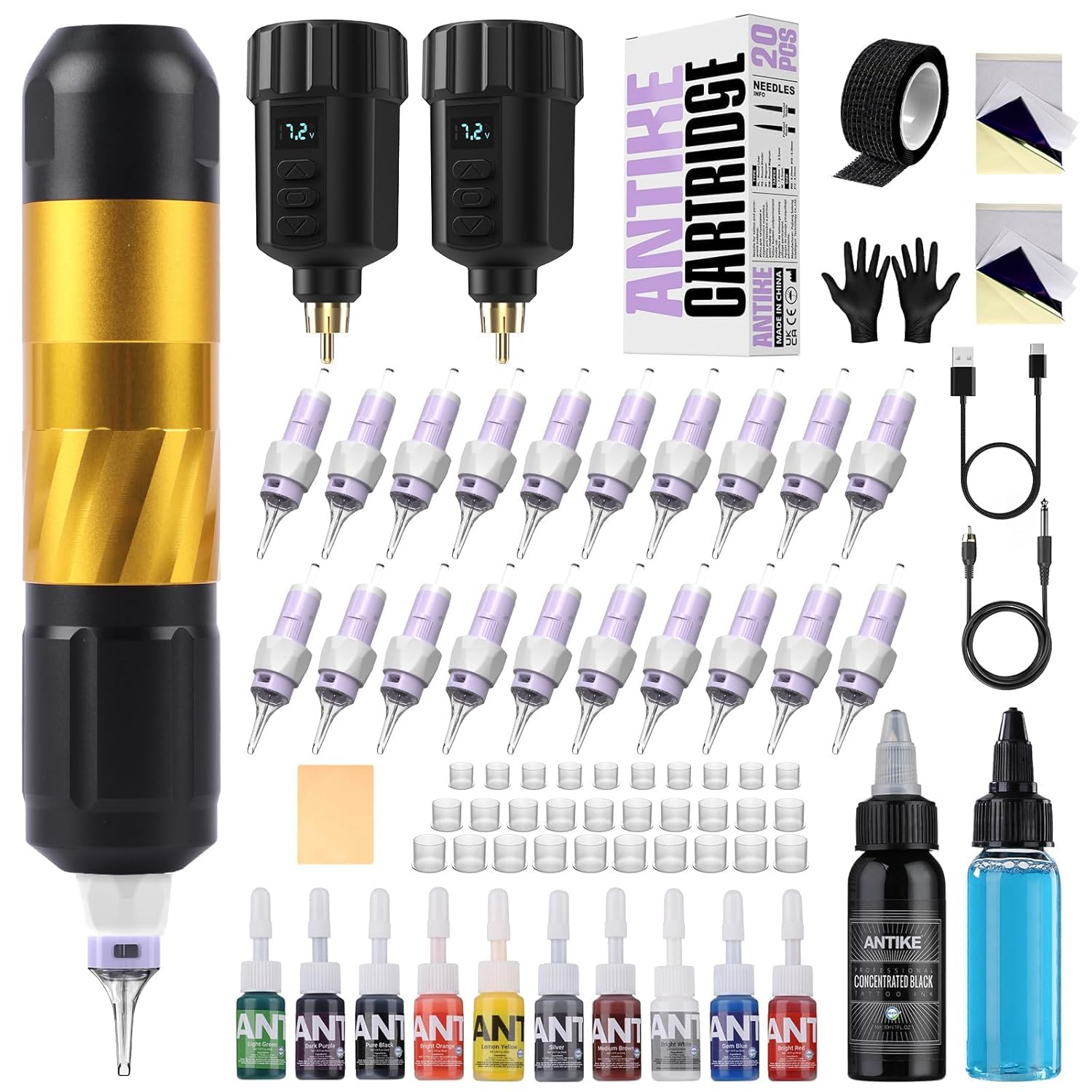Kit ANTIKE Maquina de Tatuar Pro Maquina de Tatuaje con LCD Baterias 2pcs * 1500mAh y 20 Buen Agujas para Tatuaje, Tintas Colores Set y Todo Accesorios para Tatuaje AK-TK3001EU-9