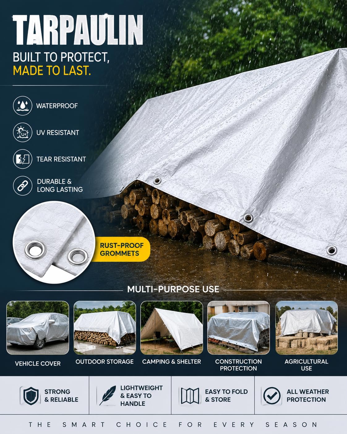 Premsons® Tarpaulin 120 GSM Thick Waterproof UV Resistant Heavy Duty Sheet - Rot Rip Tear Proof Tadpatri with Grommets & Reinforced Edges - Poly Tarp Cover Rain Roof Shed Protection - 6 x 4 ft - White — Amazon image 2