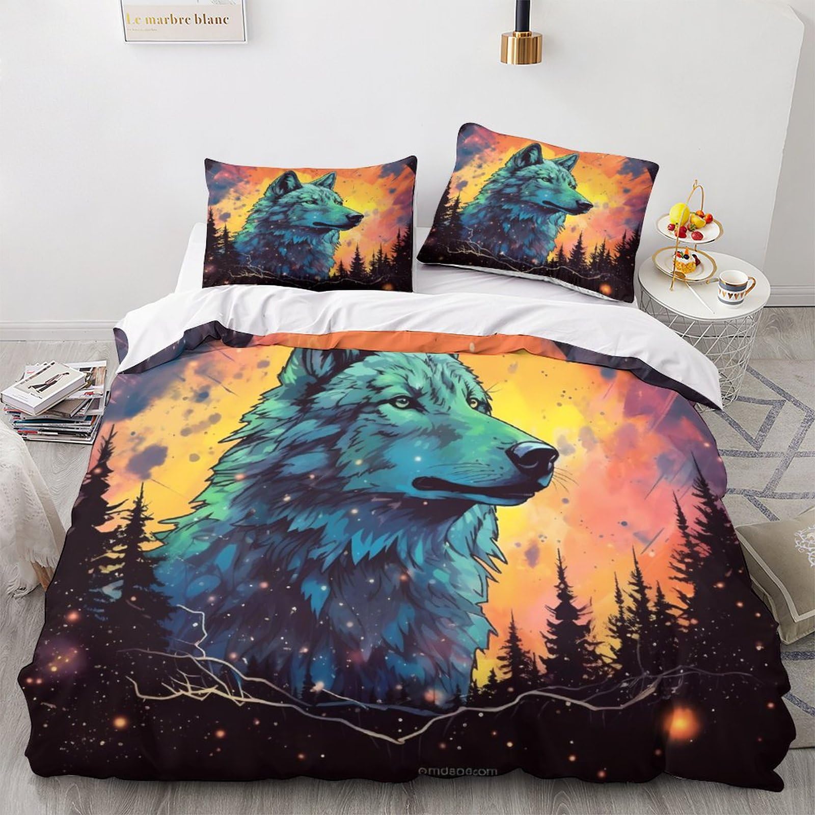 Housse de couette loup 3D finis les boutons cassés parure lit microfibre