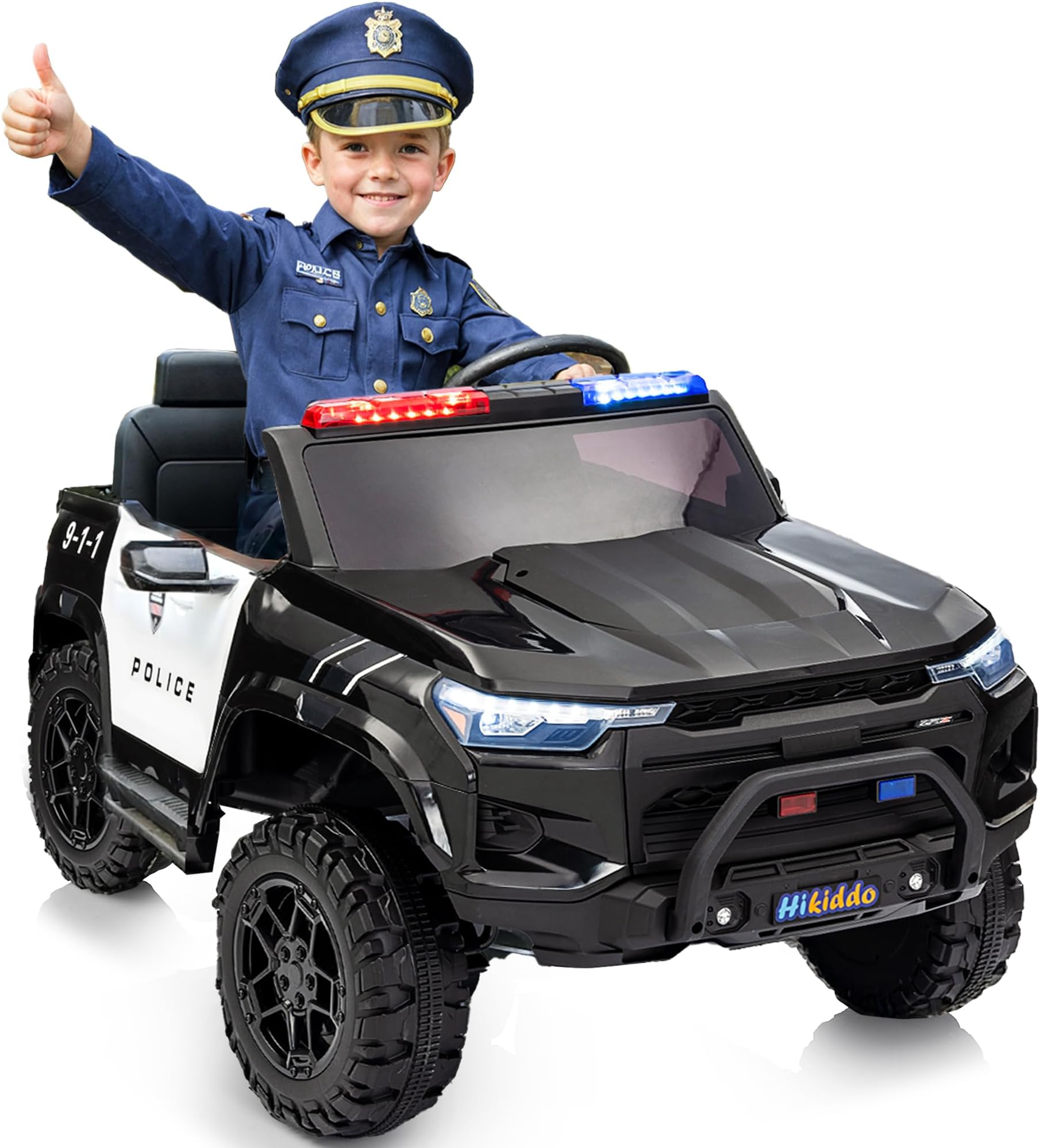 Hikiddo Electric Police Car for Kids 2 Seater, 24V 10AH Ride on Toy for Big Kids with Remote Control, 4x200W Motors, 5mph Max Speed - Black