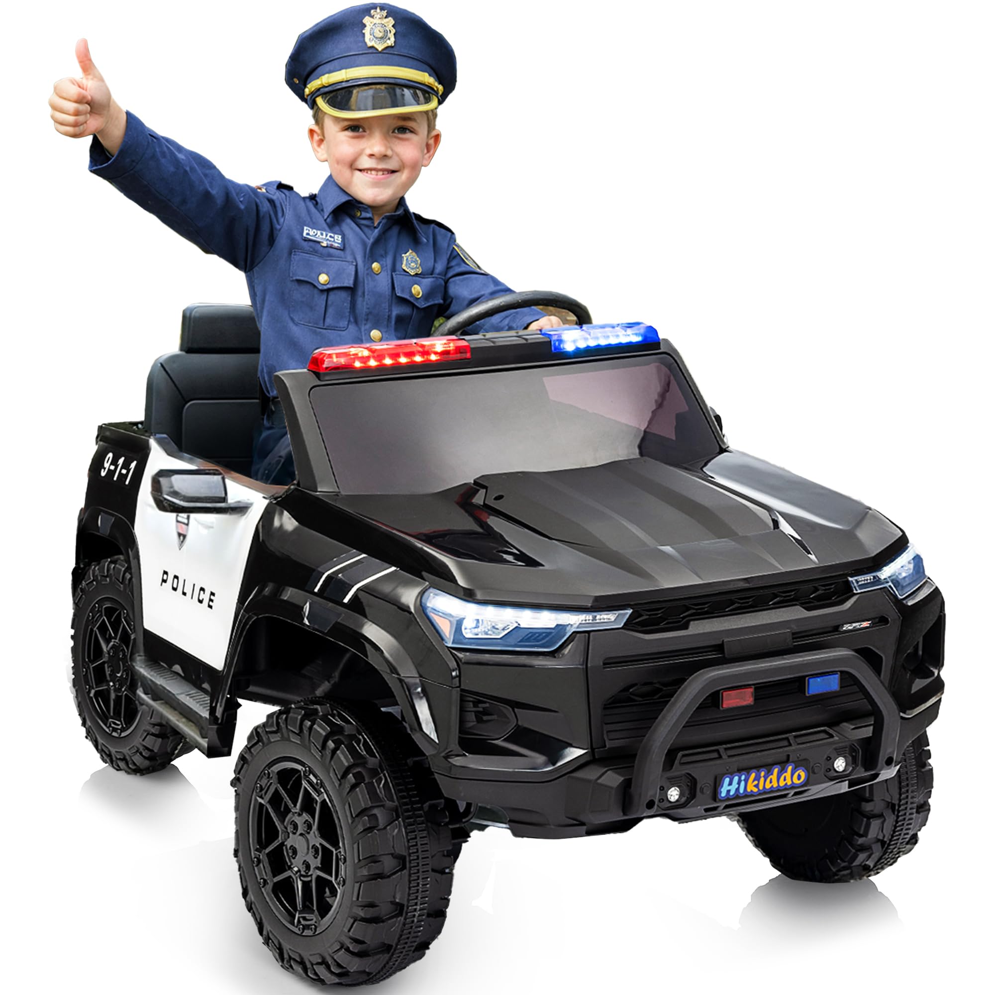 Electric Police Car for Kids 2 Seater, 24V 10AH Ride on Toy for Big Kids with Remote Control, 4x200W Motors, 5mph Max Speed - Black