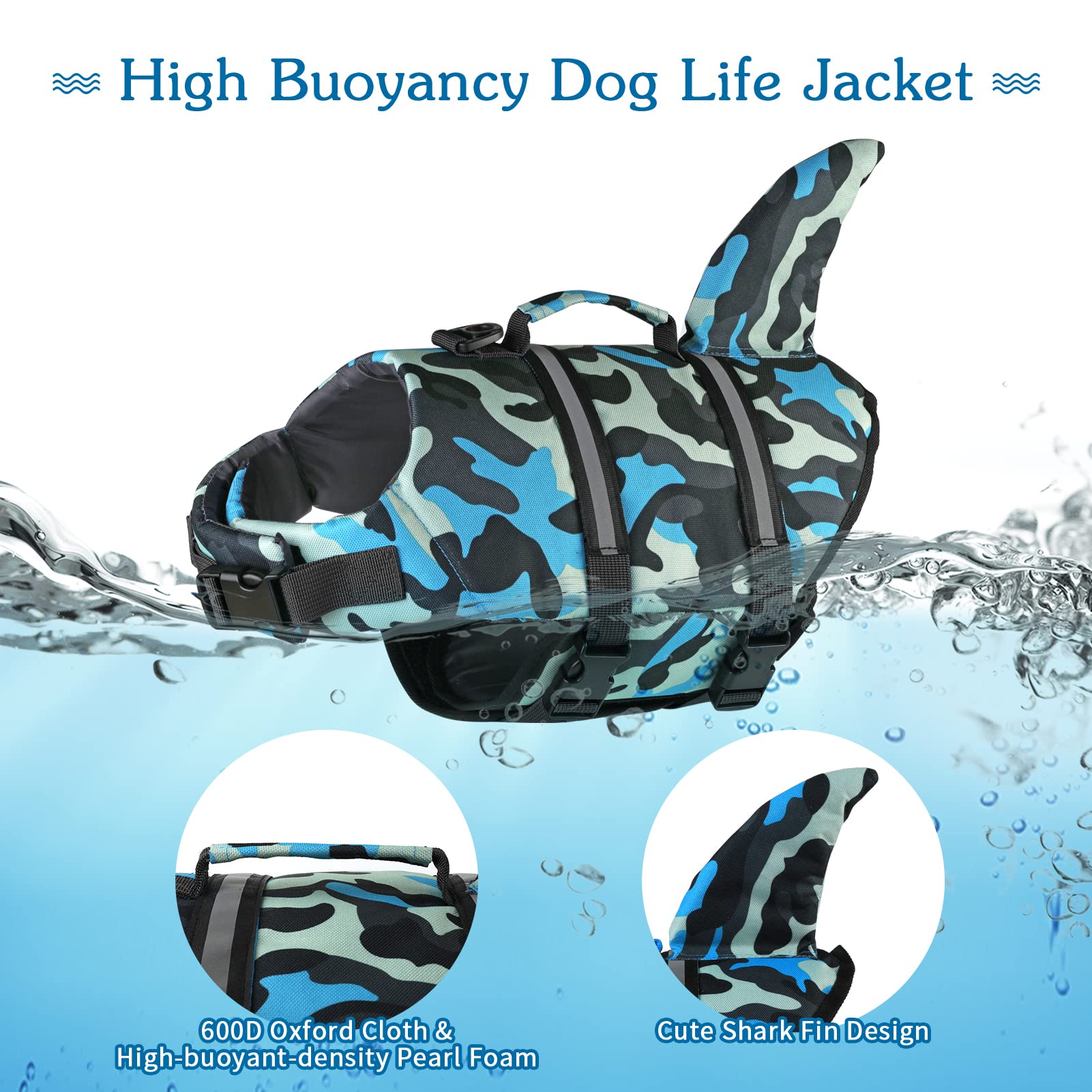Dogcheer Gilet de sauvetage pour chien requin - Gilet de sauvetage réglable avec poignée de sauvetage - Pour chiens de petite, moyenne et grande taille