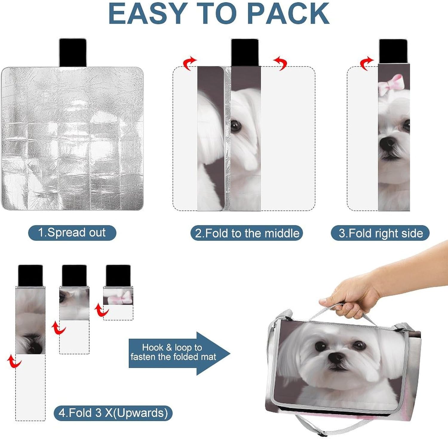 Lovely Maltese Dog Picnic Blanket Outdoor, Square Foldable Lightweight Waterproof Beach Mat (58.3" X 58.3"), Portable Travel Rug for Beach, Camping, Lawn, Parks & Family Picnics