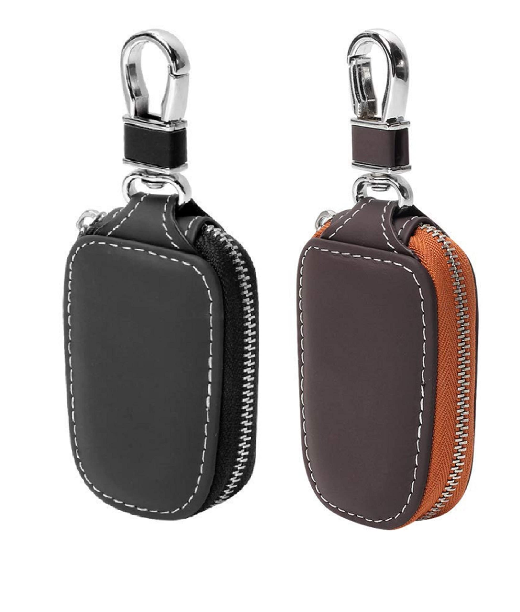 Contacts PU Leather Car Remote Key Case | Smart Protection Key Holder for Car Key | Key Chain Bag | Auto Remote Keyring Wallet (Black & Brown, Pack of 2)………