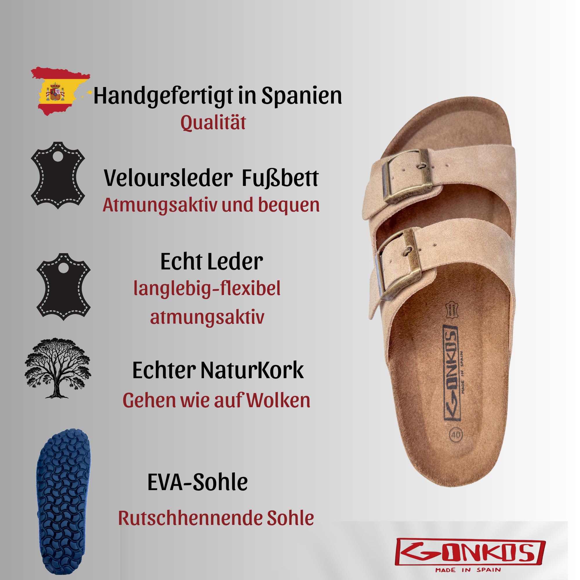 Ledersandalen mit Schnallen, Echtes Leder Pantoletten, Naturkork Sohle, verstellbare Schnallen am Fuß, Herren-Damen Sandalen, Qualitätssandalen, Made in Spain