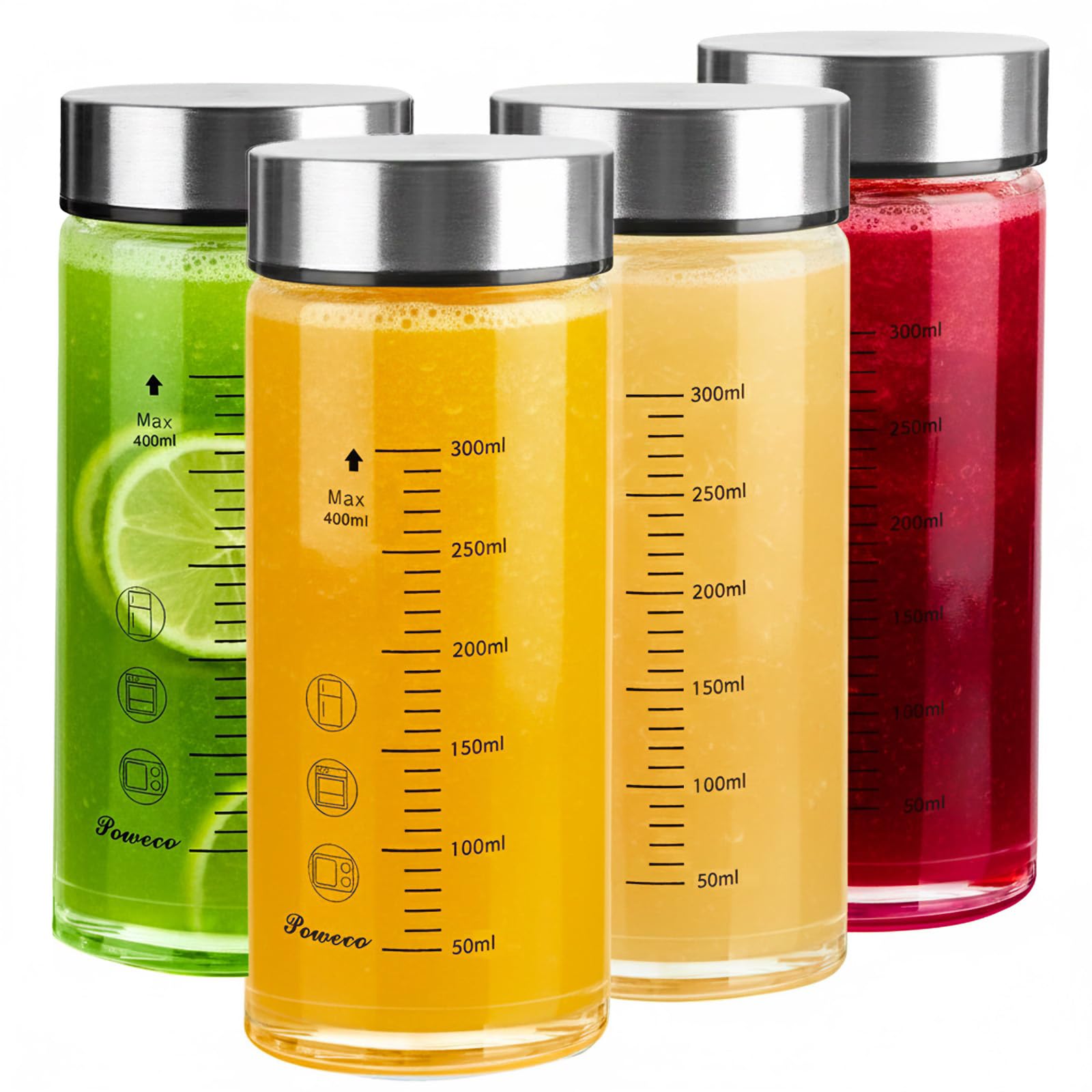 Glass Juice Bottles 4 Pack 12 oz - Wide Mouth Glass Water Bottles with Lids - for Juicing, Protein, Smoothie, Milk, Reusable, BPA Free, Stainless