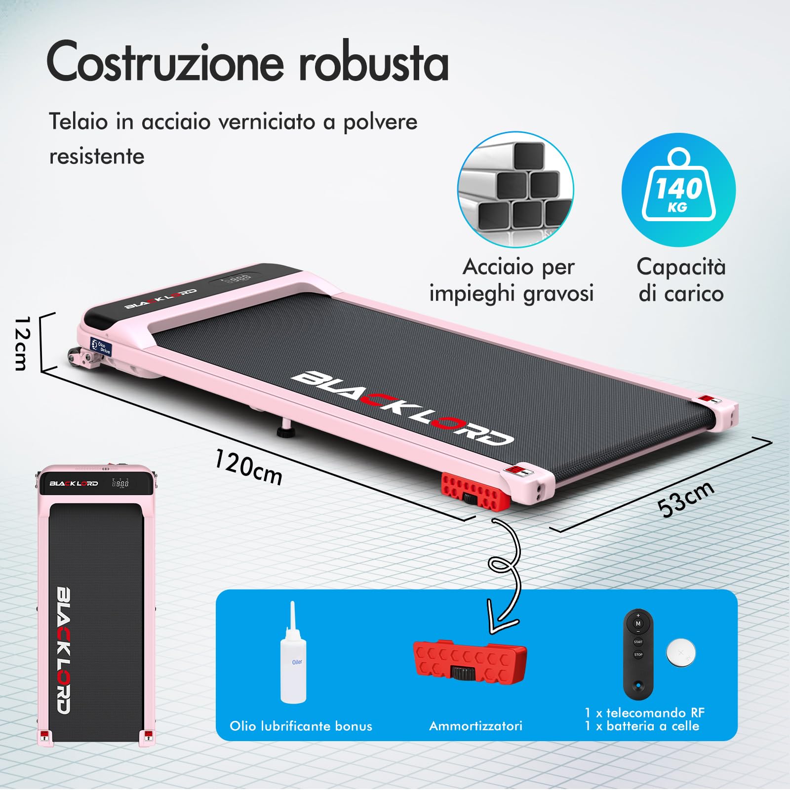 BLACK LORD Tapis roulant, Walking pad 12/16 km/h, Tappetino da corsa con/senza inclinazione del 9%, Sotto la scrivania, Portatile, Silenzioso, Display LED, App, Capacità di carico 140 kg