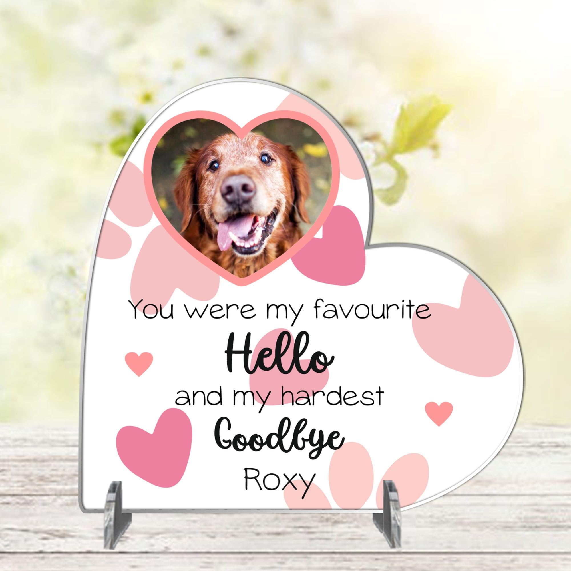 Personalised Pet Memorial Plaque – 'You Were My Favourite Hello' – Available in MDF or Acrylic, Sizes Small to Large – Indoor & Outdoor Use (Acrylic 8.5cm x 8.5cm, Pink)