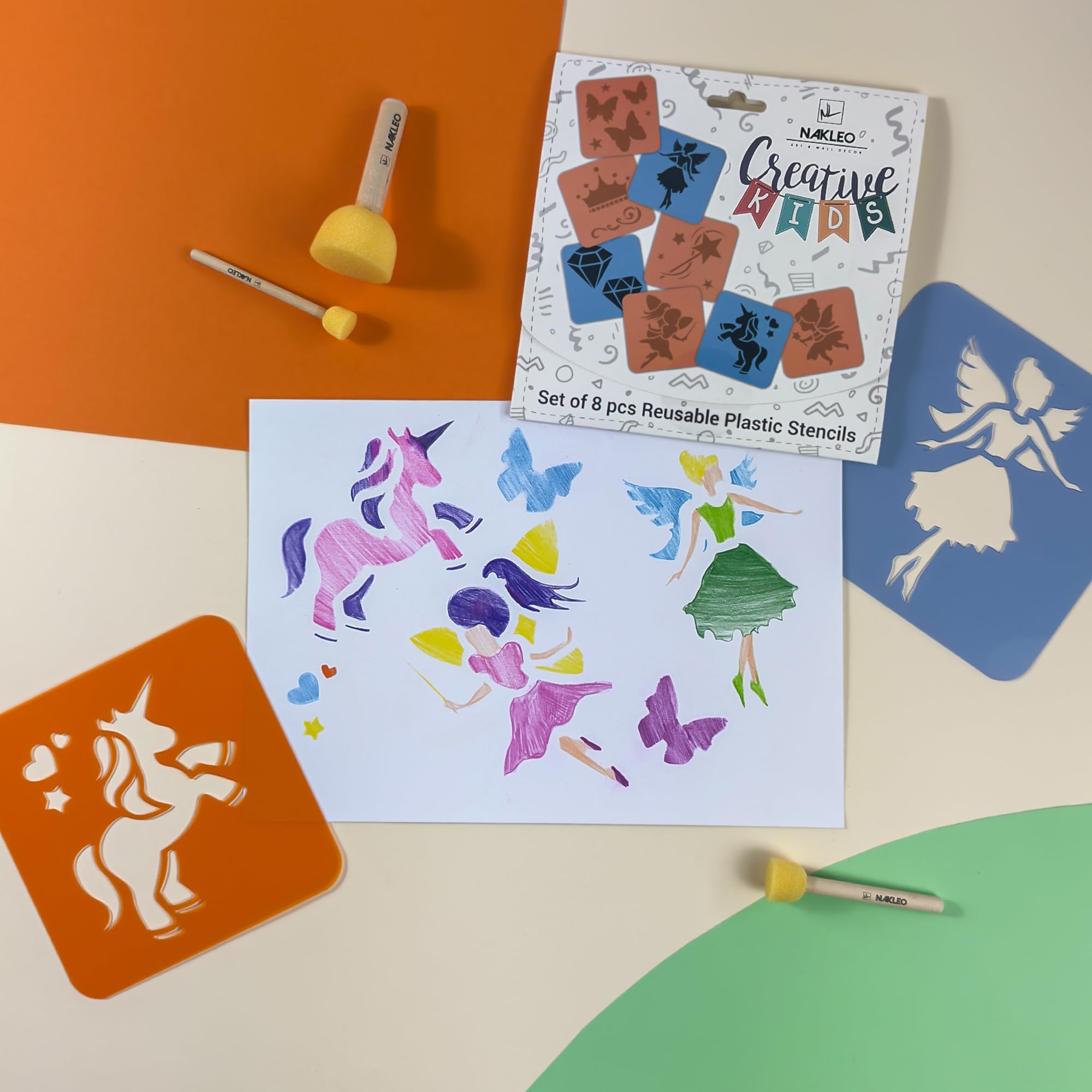 NAKLEO Stencil di Pittura per Bambini, 8 Pezzi 15x15cm Fate Fiaba, Modelli Plastica e Riutilizzabili di Disegno Creativo, Sagome DIY Decorazione Arte e Artigianato, Carta Muro Legno Tessuto