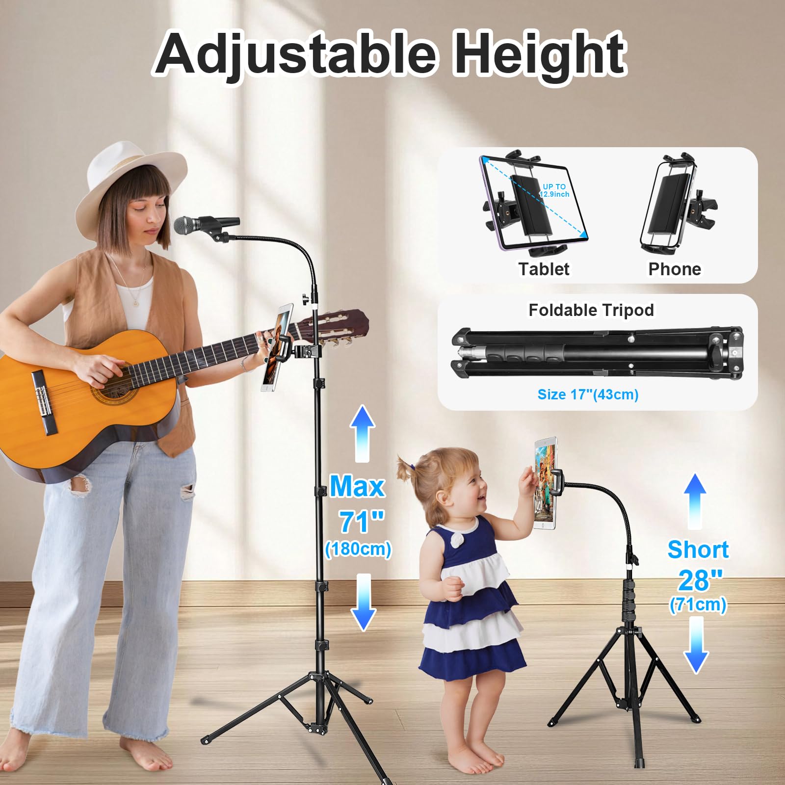 2-in-1 faltbarer Mikrofon- und iPad-Stativ mit Handy-/Tablet-Halterung, 203,3 cm hoch, höhenverstellbarer Mikrofonständer, Galgen, für Singen, Performance, Karaoke, Sprache, Bühne und Outdoor