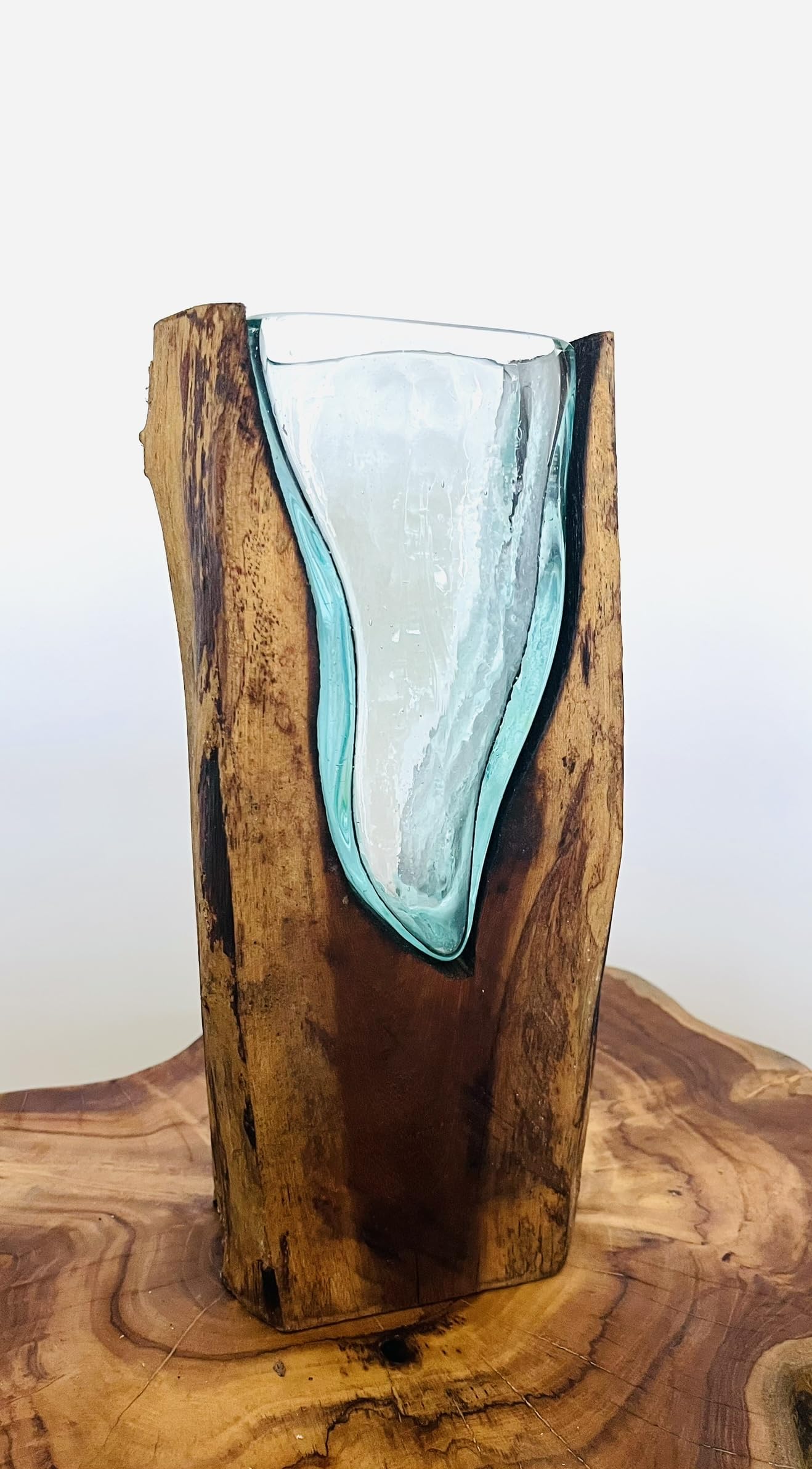 My Square Mile Clear Molten Glass Vase On Wood Root Stand Glass Rustic Ornament Sculpture Key Sweet Display Dish