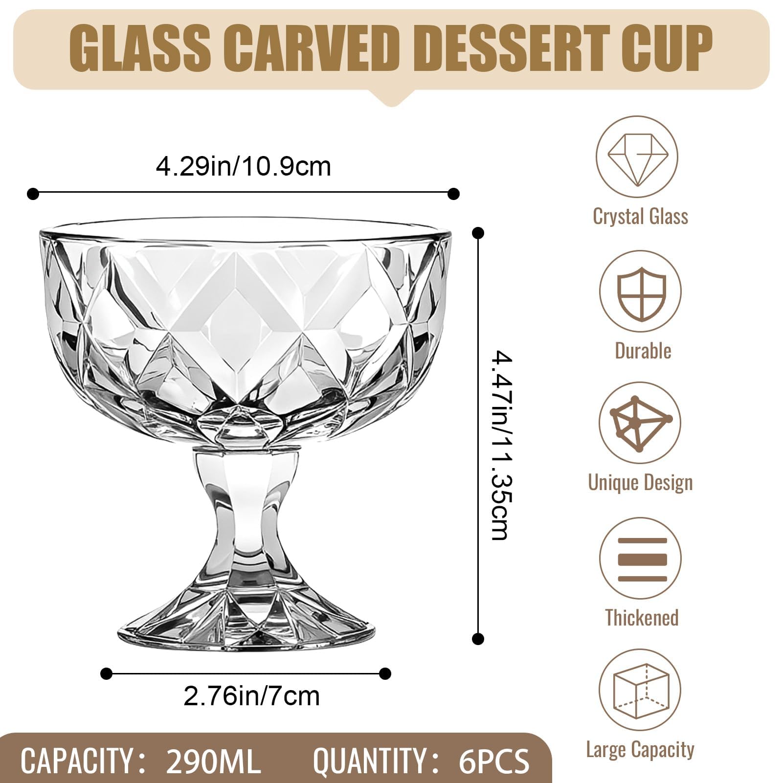 Set di 6 ciotole da dessert in vetro da 290 ml, per gelato e gelato, in vetro intagliato, bicchieri da dessert in stile cristallo, per budino, trivellini, frutta e yogurt