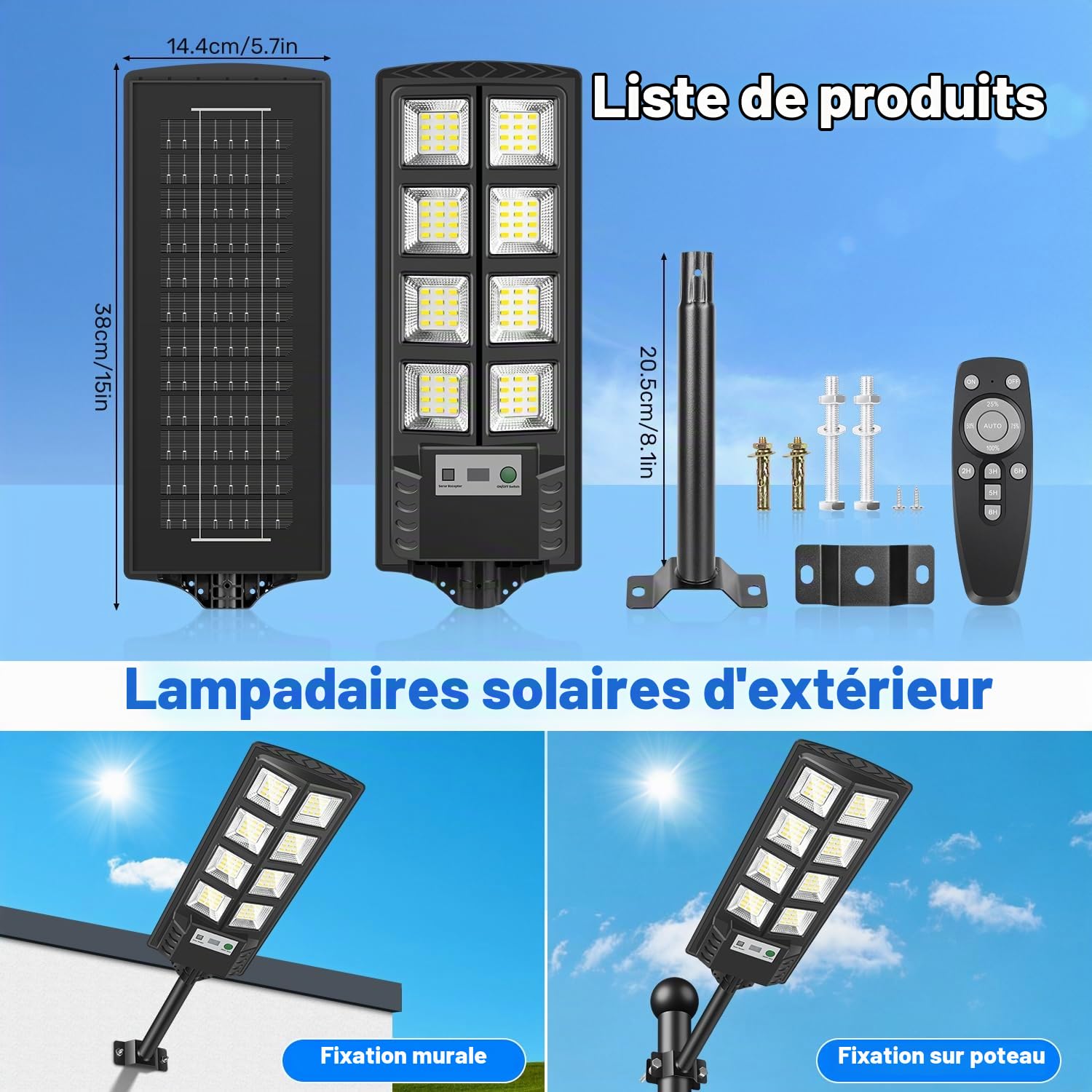 Lampadaire Solaire Extérieur LED 6500K avec Détecteur de Mouvement, IP65 Étanche Projecteur Solaire Lampadaire de Jardin Spot Solaire Éclairage Lumières de Sécurité avec Télécommande (lot de 4)