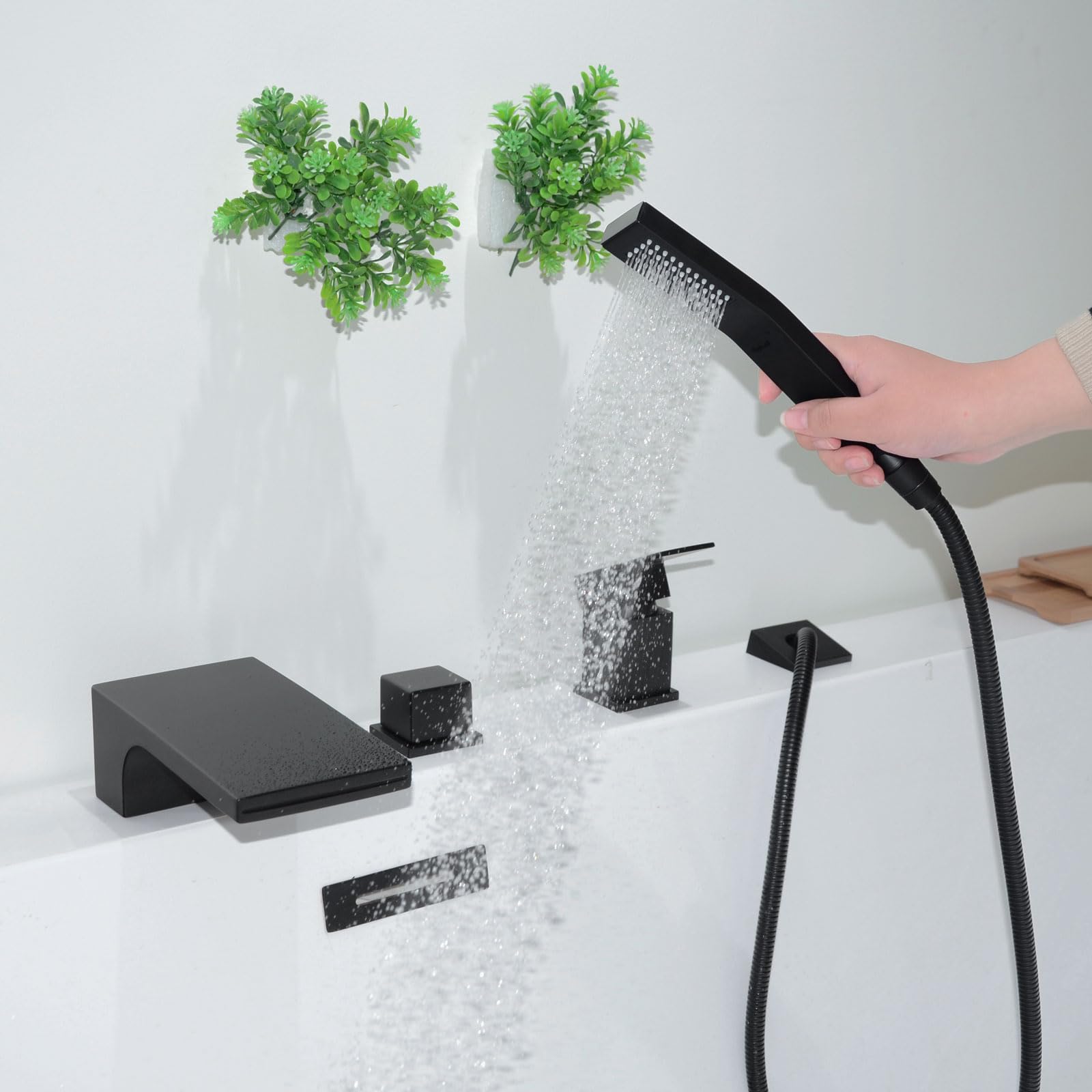 Rubinetto Vasca A Cascata Nero - 3 Fori, Con Doccetta, Ottone, Design Moderno - Foto 9