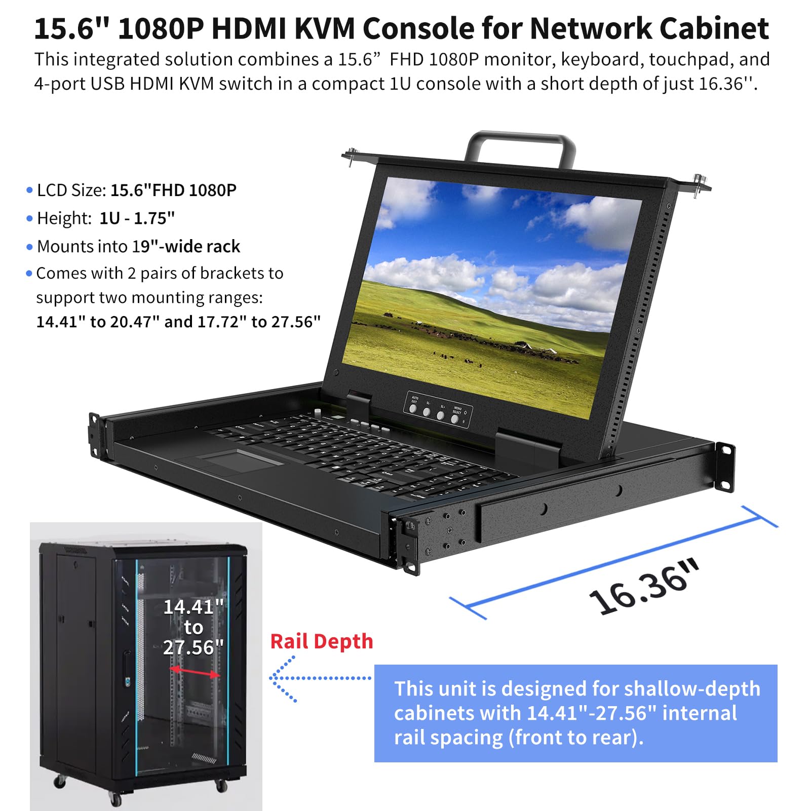 Console KVM à 4 ports avec écran 15,6" 1080p monté en rack, tiroir de commutateur KVM HDMI 1U + clavier + pavé tactile + 4 câbles KVM USB HDMI, interrupteur à bouton OSD pour armoire réseau de 24" à