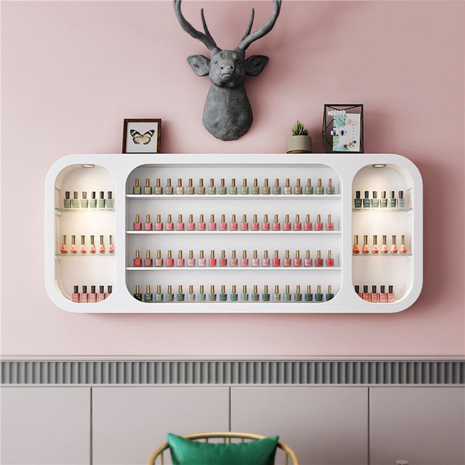 Mobiletto Espositore per Smalto A Parete, Scaffale per Smalto in Legno Bianco con Luce A LED, Organizer per Smalto A Parete in Legno Bianco Ectangle 0.8m