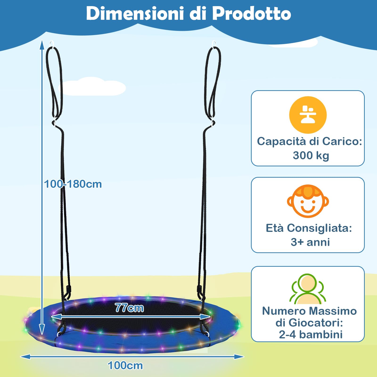 COSTWAY Altalena a Nido 100 cm per Bambini e Adulti, Altalena Rotonda con Luci LED Colorate e 2 Funi Regolabili, Capacità di Carico 300 kg da Giardino Esterno (Blu)