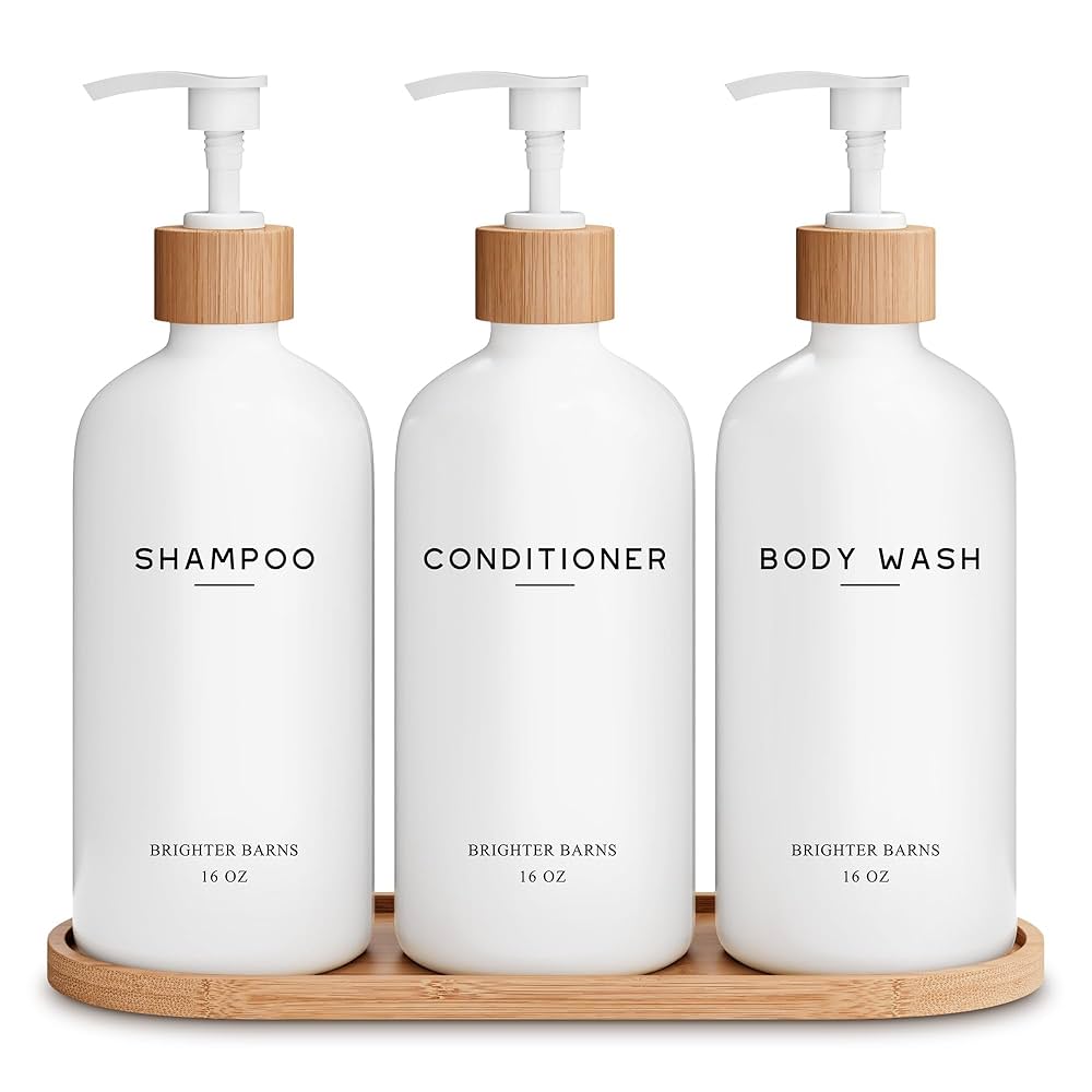 White Shampoo and Conditioner Dispenser Set by Brighter Barns - Shower Dispenser - Shampoo Conditioner Body Wash Dispenser with Pump - Shower Soap Dispenser for Bathroom Decor, Hotel, Airbnb (White)