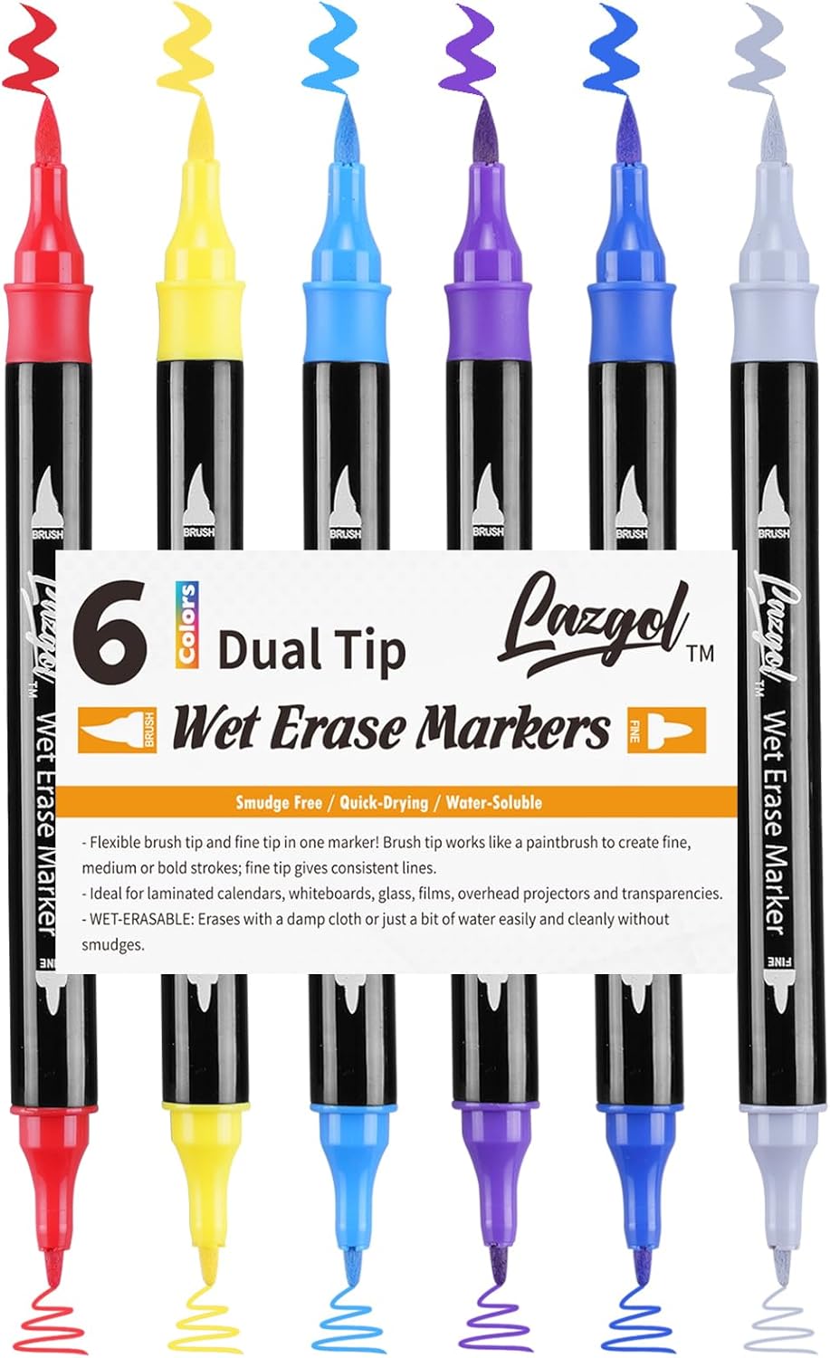 LAZGOL Wet Erase Markers, 6 Colors Dual Tip Brush & Ultra