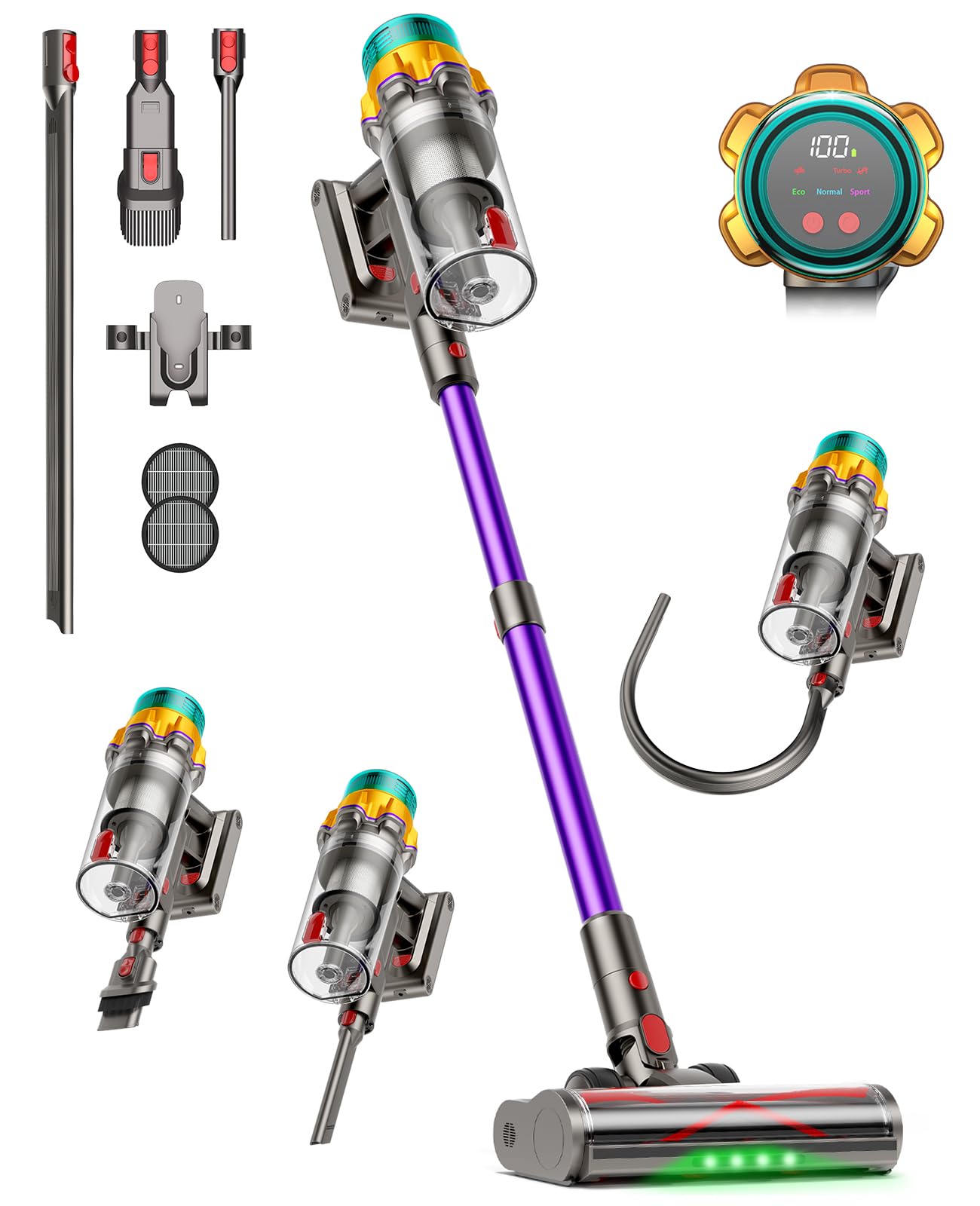 Akku Staubsauger 55000Pa/650W/70Min, staubsauger kabellos mit Display, 2L Staubbehälter, Anti-Tangle-Bürste, Selbststehend, 8-Schicht-Filter, Flexible Fugendüse, für Hartböden/Teppiche/Auto/Tierhaare