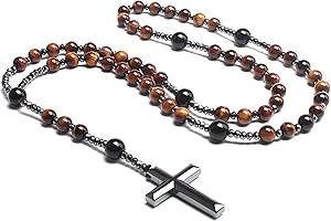 Red Tiger Eye Cross Necklace Black Obsidian and Hematite Christ Rosario