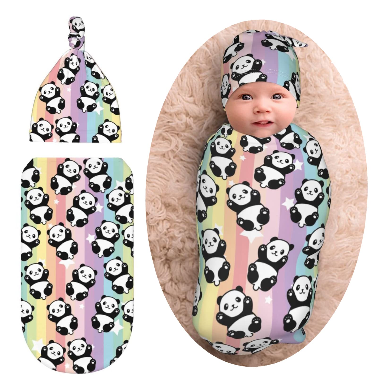 Panda Newborn Swaddle Blanket With Hat Set Baby Stuff Receiving Blankets Soft Transition Sleep Sacks Gifts For Infant Boys Girls