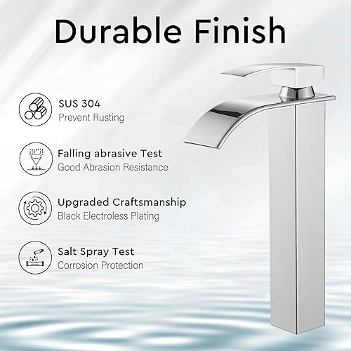 Miniatura 8 de BESy Grifo de baño con boquilla de cascada de cromo pulido, grifo alto de lavabo de baño de una sola manija, grifo mezclador de lavabo de lavabo,