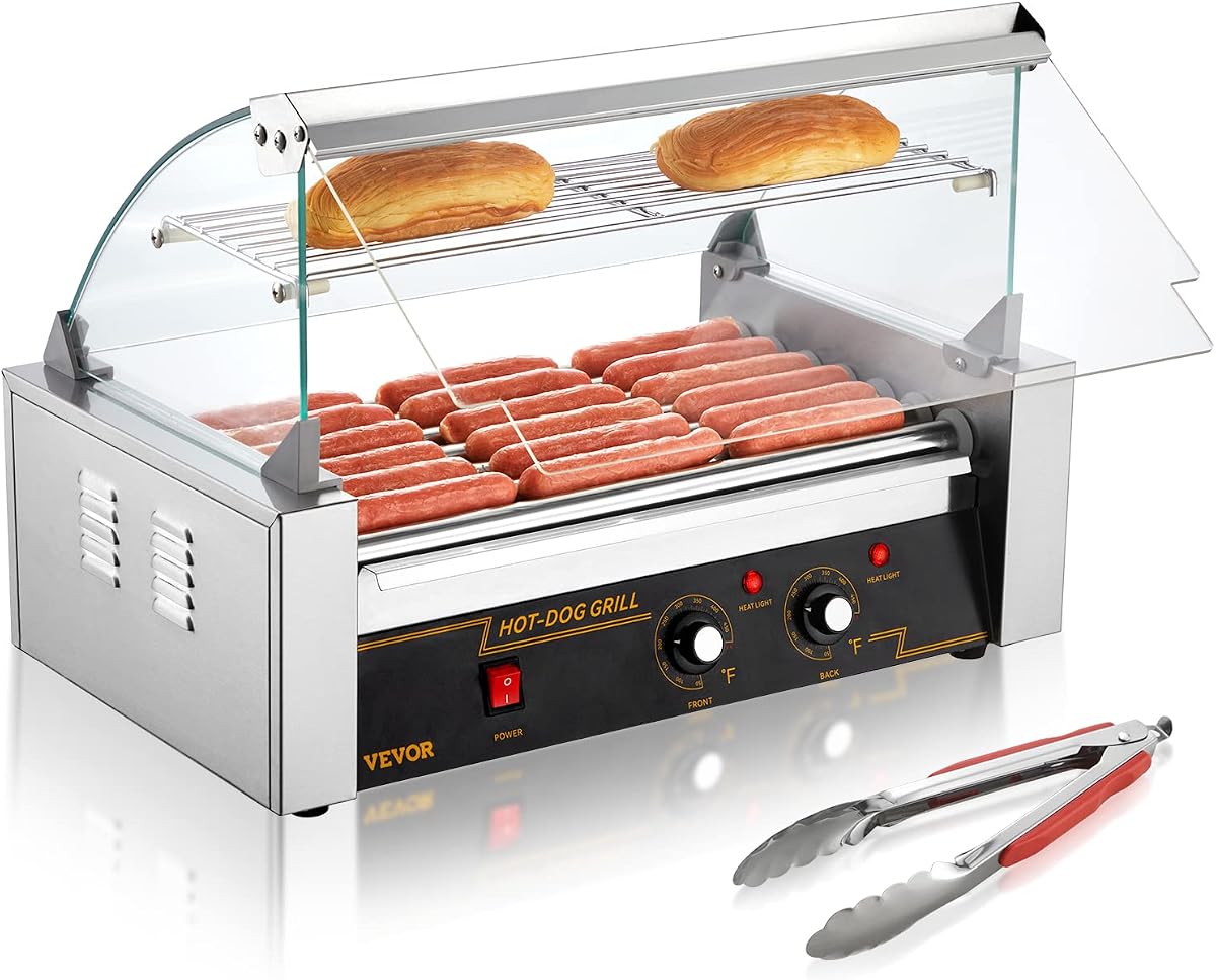 VEVOR Hot Dog Roller 7 Rollers 18 Hot Dogs Capacity 1050W Stainless Sausage Grill Cooker Machine with Dual Temp Control Glass Hood Acrylic Cover Bun Warmer Shelf Removable Oil Drip Tray, ETL Certified | Stainless Machine with Dual Temp Control Glass Hood Acrylic Cover Bun Warmer Shelf Removable Oil Drip Tray, ETL Certified