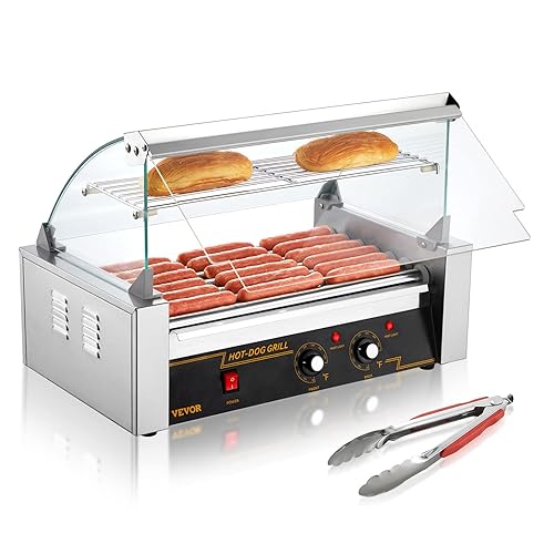 VEVOR - Parrilla de rodillos para hot dogs y salchichas, de acero inoxidable, 1050 W, control doble de temperatura, tapa acrílica, bandeja