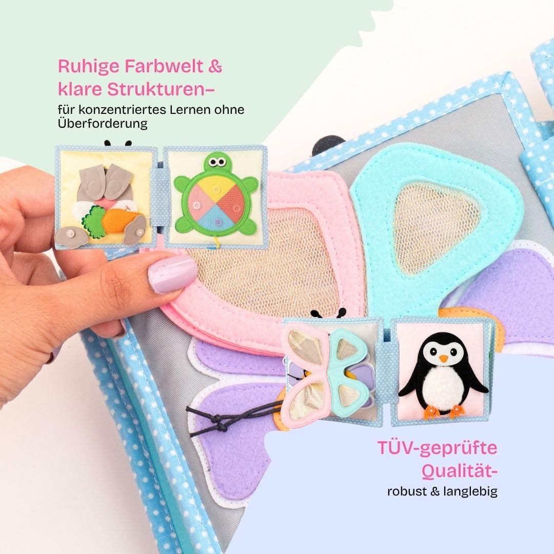 Jolly Designs – Kleine Biene - Mini Quiet Book – Montessori Spielzeug ab 6 Monaten – Motorik & Sensorik fördern – Handgefertigtes Filzbuch – Lernspielzeug für Kleinkinder – Busy Book für unterwegs