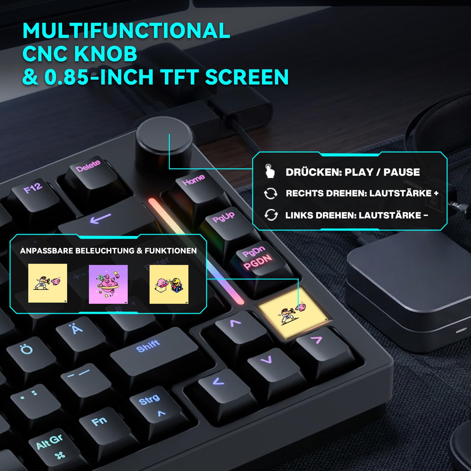 GK GAMAKAY TK75 TMR Rapid Trigger Gaming Tastatur QWERTZ (ISO-DE Layout) | TFT Bildschirm, 8K Polling Rate BT/2.4GHz/USB-C 0,01mm RT Hall Effekt kabellose Tastatur, Schwarz, Magnetic Phoenix Switch V3