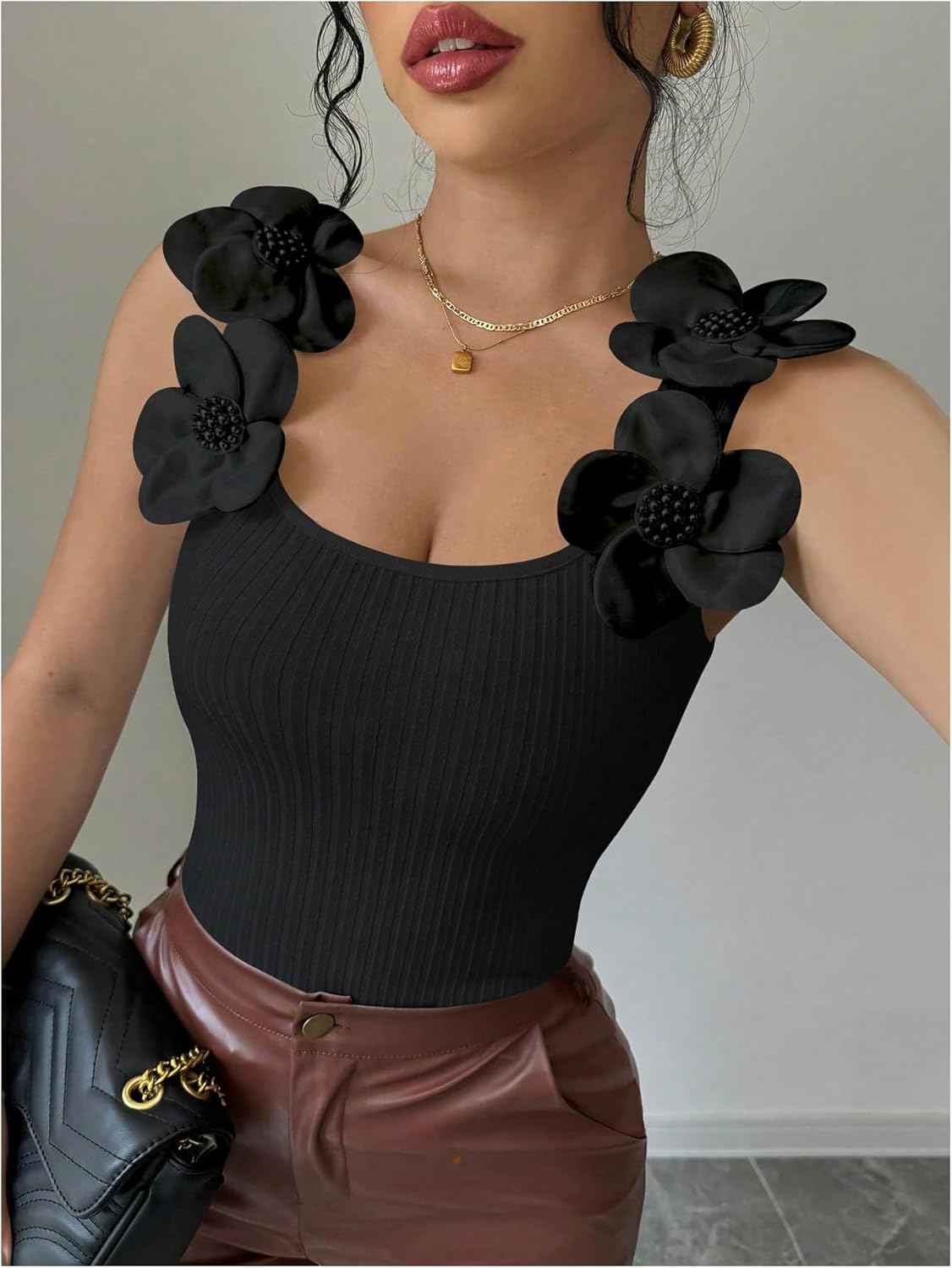 SweatyRocks Women's 3D Floral Fitted Tank Top Scoop Neck Sleeveless Ribbed Knit Tops - Image 3