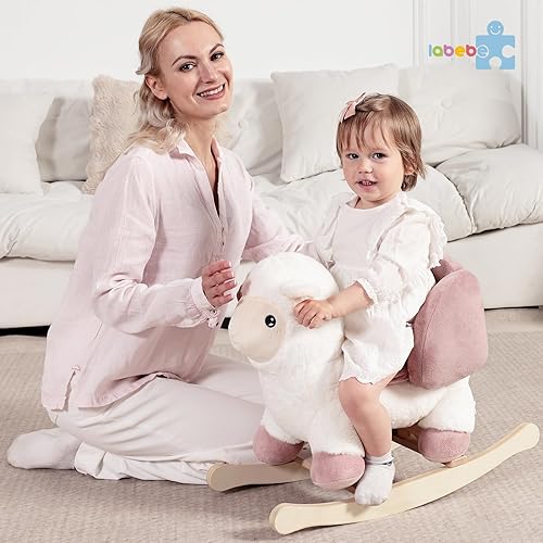 labebe - Baby Sheep Rocking Horse, Kids Plush Stuffed Rocking Animals, Ovis Aries Rocker with Seatbelt for 6 Months Babies, White Romney Rocking Horse for Toddler 1-3 Age Girl