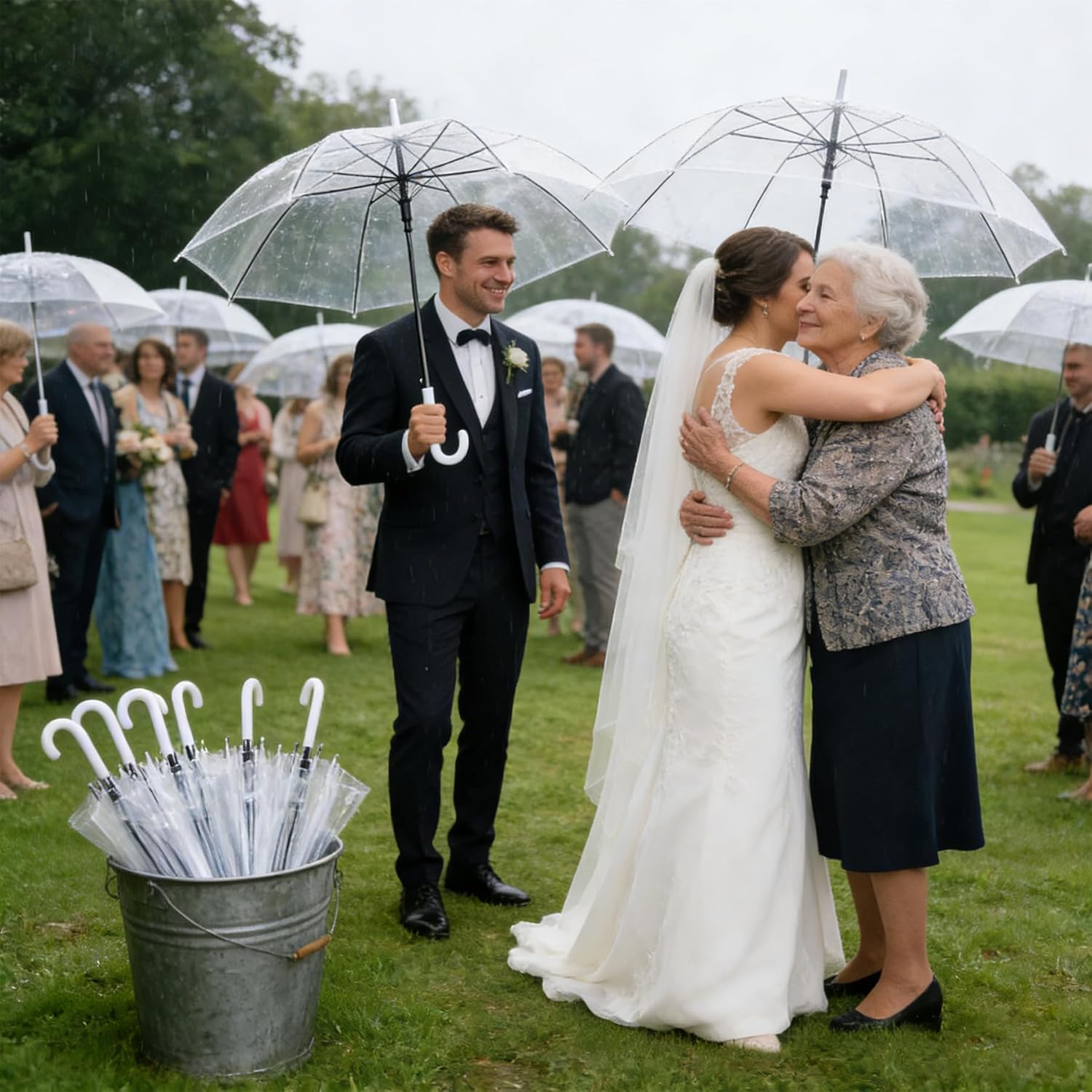 Confezione da 12 ombrelli trasparenti per matrimonio con apertura/chiusura automatica, antivento e impermeabili, con manici bianchi a forma di J, ideali per spose e sposi, fotografia e all'aperto e