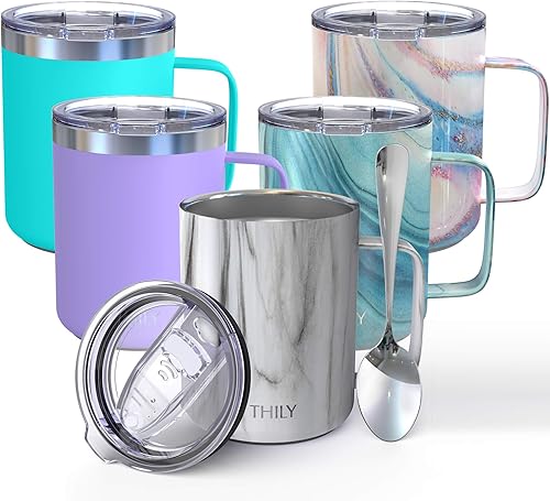 THILY Taza de café de viaje aislada al vacío de 12 onzas con triple aislamiento, taza de viaje de acero inoxidable con asa, tapa a prueba de