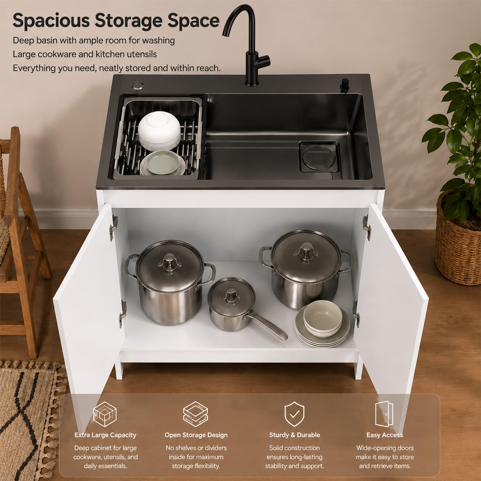 Mueble de Fregadero de Cocina con Grifo Mezclador de Agua Fría y Caliente y Escurridor Ajustable,Para Cocina, Lavadero, Jardín, Garaje, Patio.