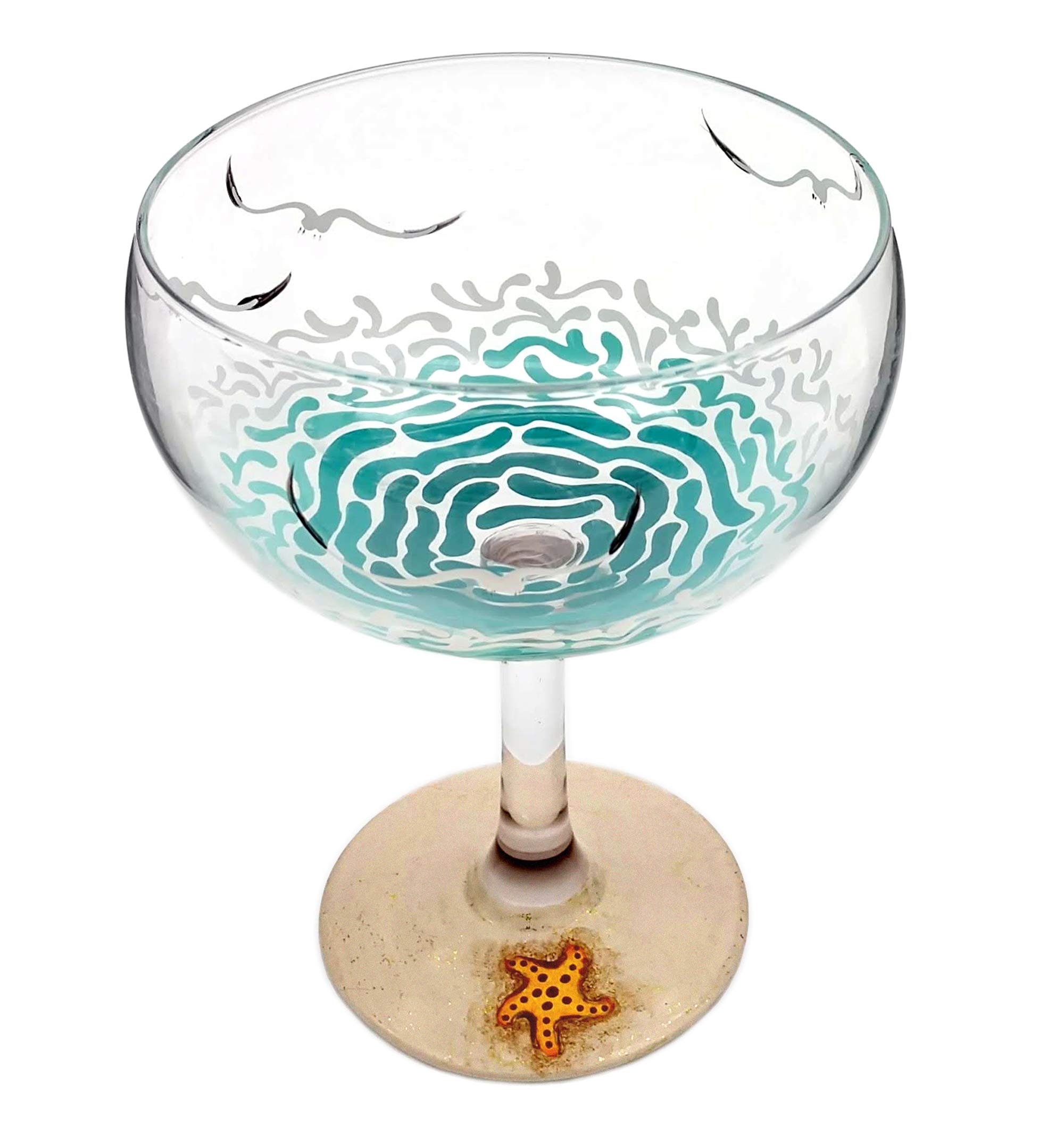 Beach Themed Margarita Glass - Hand Painted - 16.75 oz - Waves, Seagulls, Sparkly Sand, Sea Shell, Starfish - Personalized