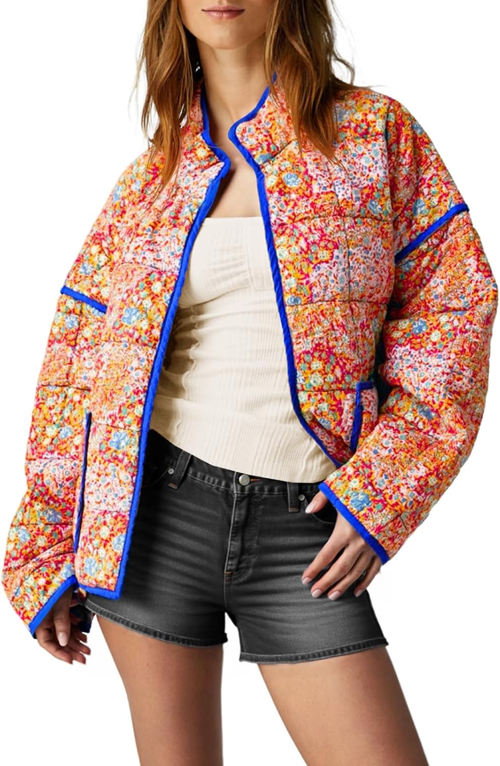 Tankaneo Womens Quilted Lightweight Jackets Floral Print Winter Coats Open Front Cardigan with Pockets