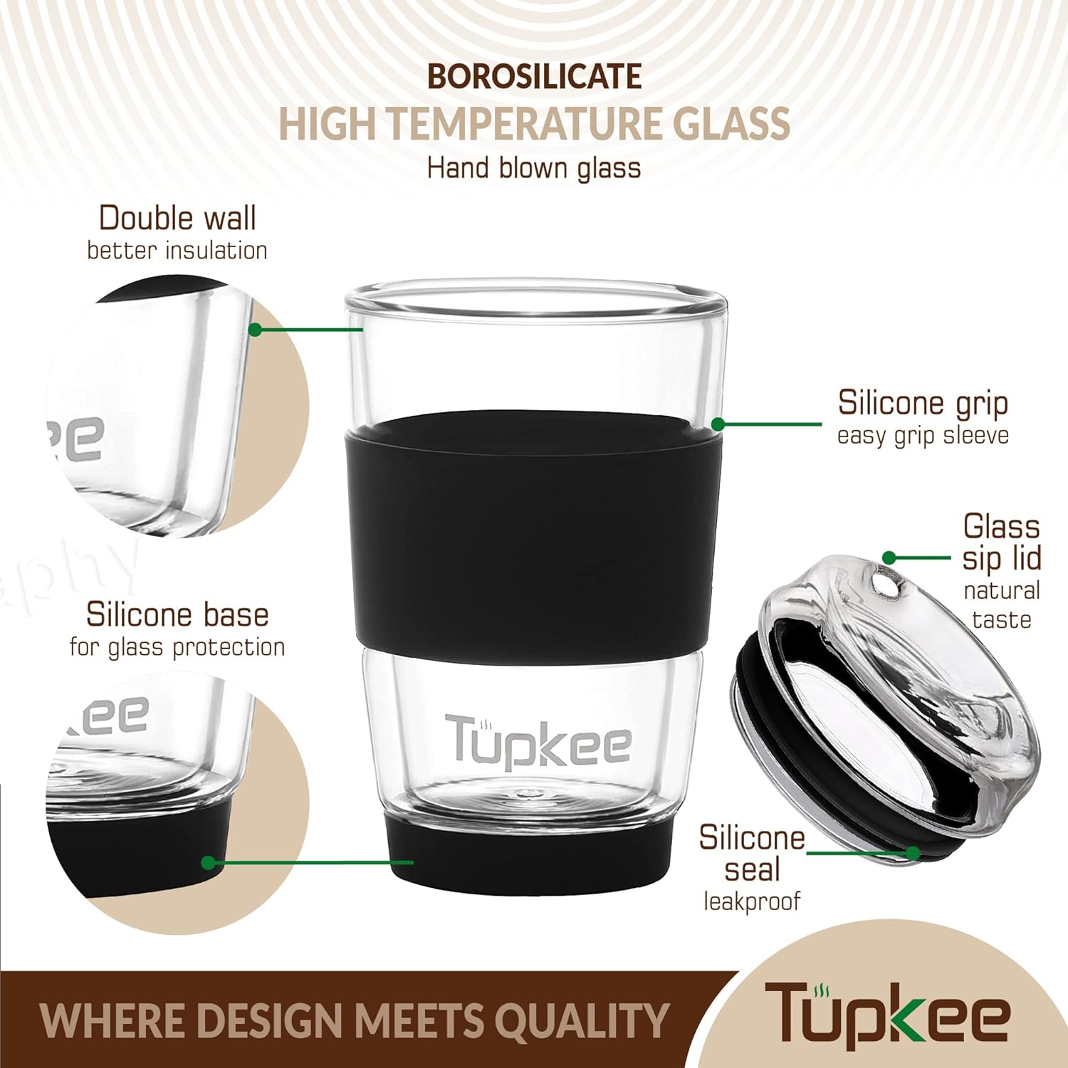 Tupkee Double Wall Glass Tumbler - 8-Ounce, All Glass Hand Blown Reusable Insulated Tea/Coffee Mug & Lid, Travel Mug - Black - Image 2